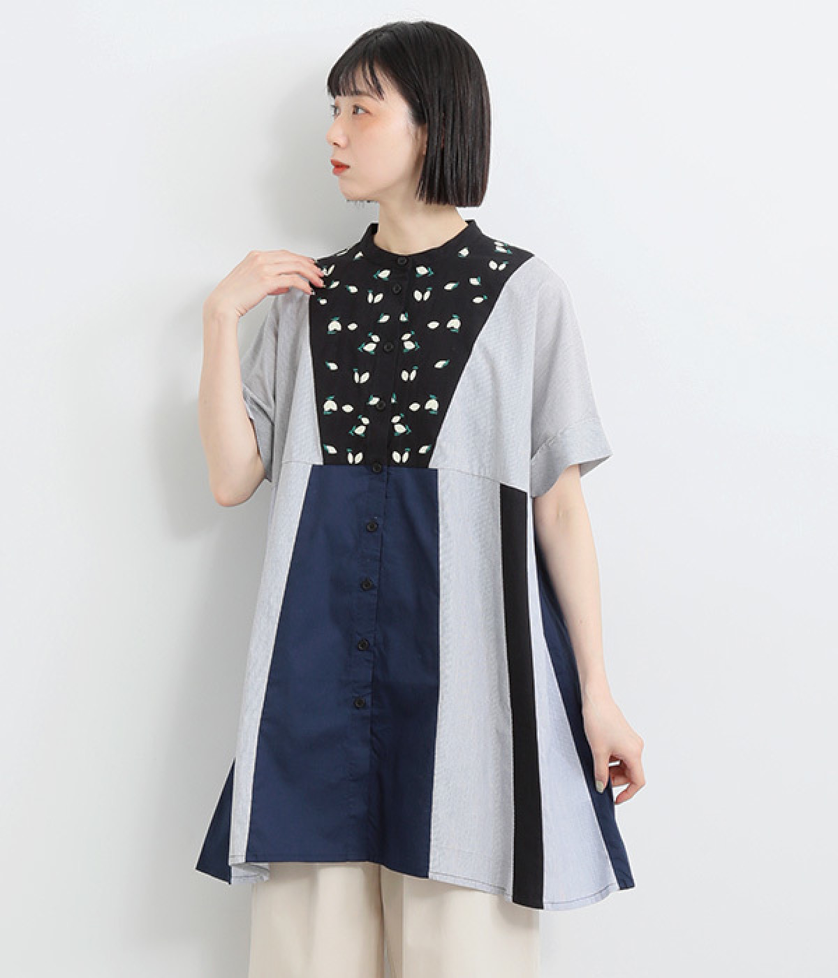 コットンレモン刺繍チュニックシャツ(ブラック-ONESIZE)