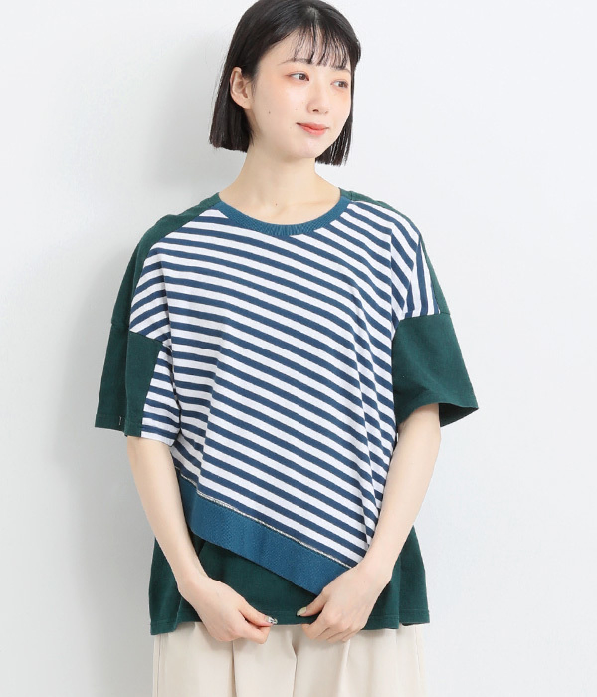 コットンリネン天竺リメイクミックスＴシャツ(グリーン-ONESIZE)