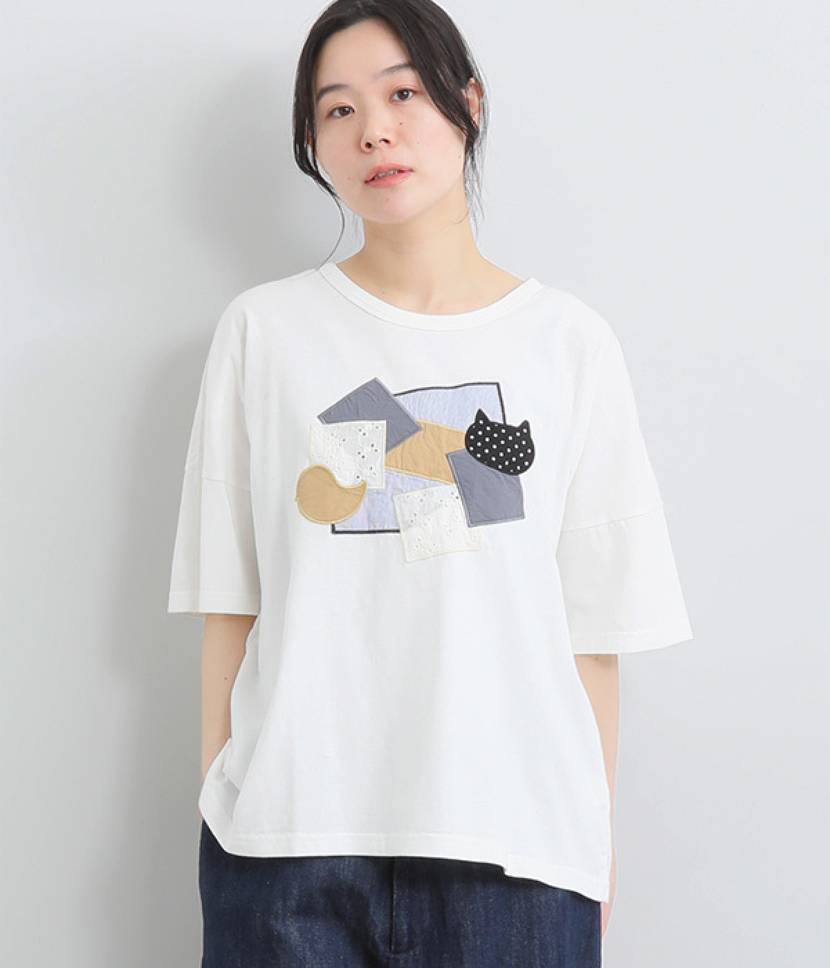 コットンリネン天竺異素材パッチワークＴシャツ(ホワイト-ONESIZE)