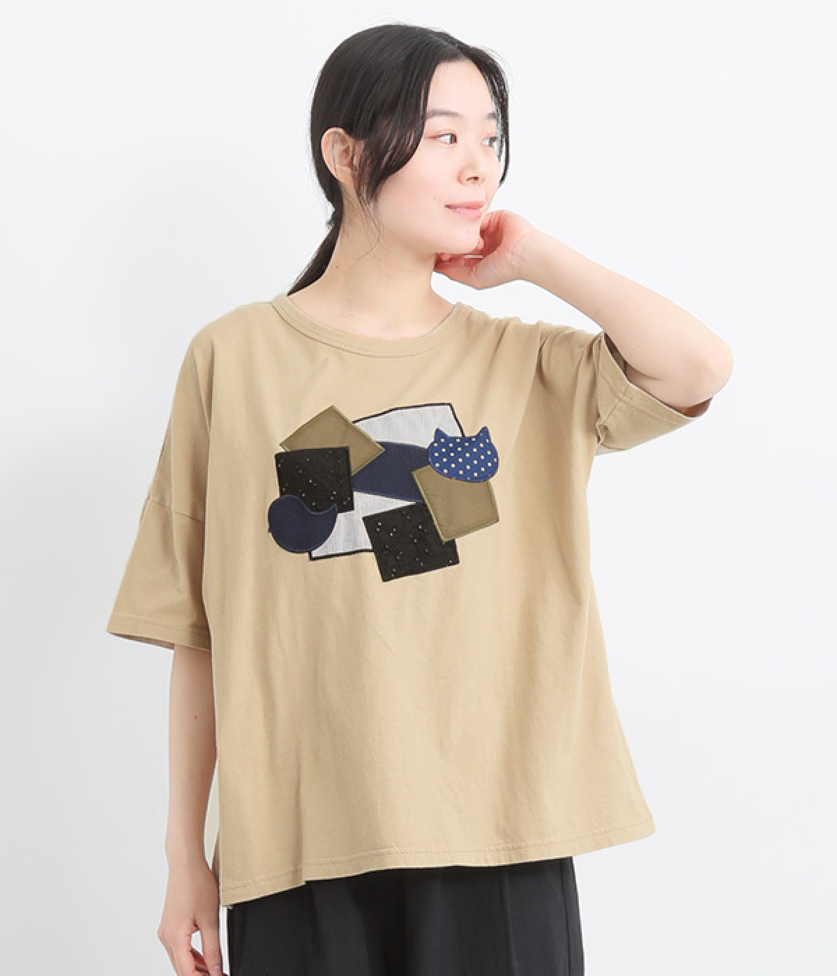 コットンリネン天竺異素材パッチワークＴシャツ(ベージュ-ONESIZE)