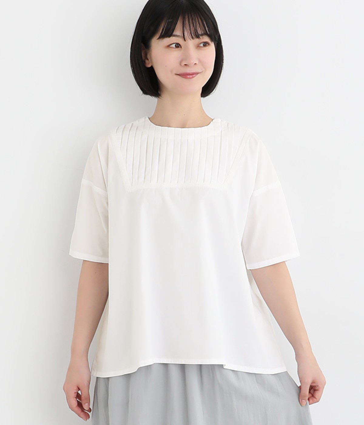 コットンシャンブレーお花レース風刺繍ブラウス(ホワイト-ONESIZE)
