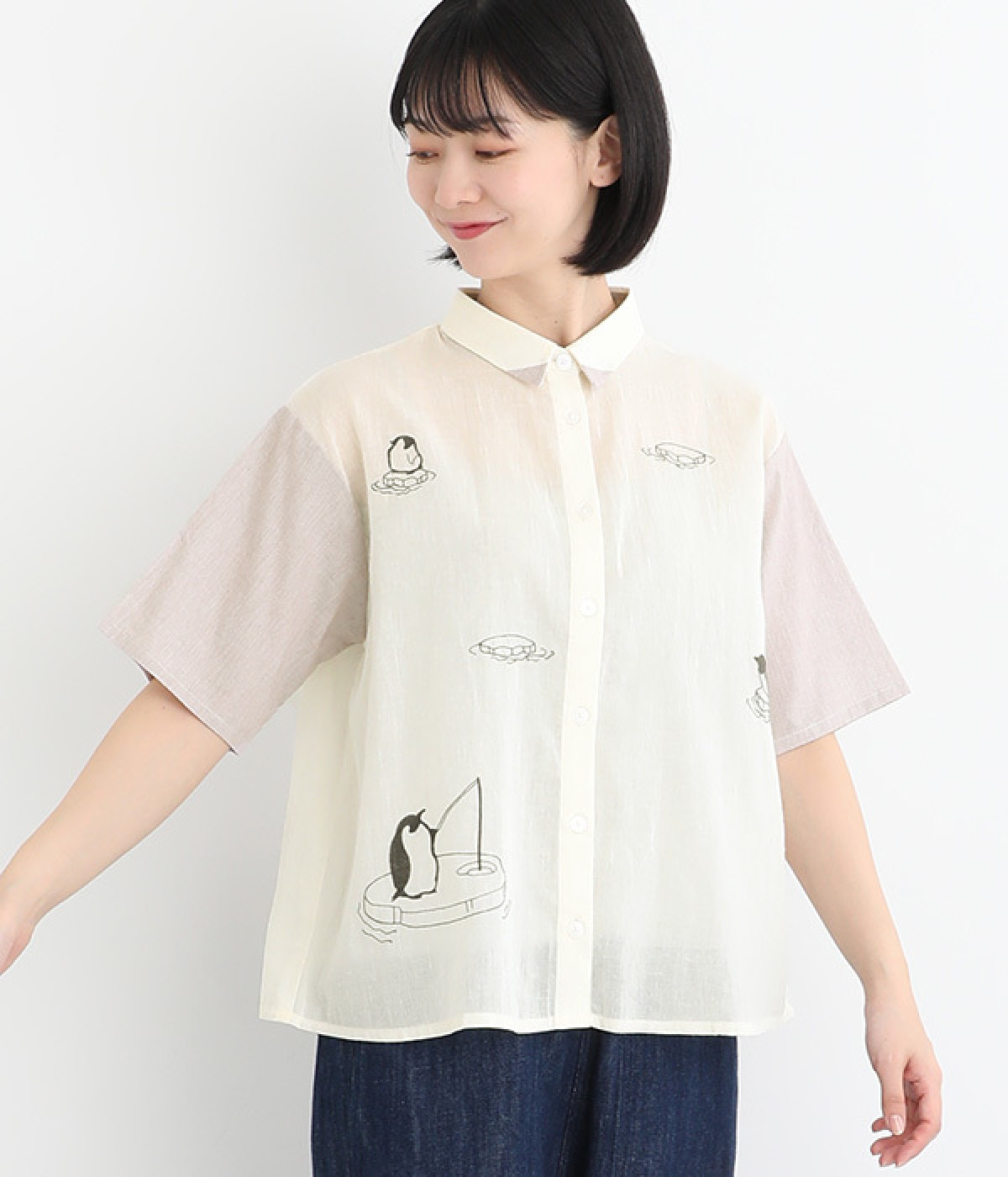 コットンローン氷に浮かぶペンギン刺繍シャツ(アイボリー-ONESIZE)