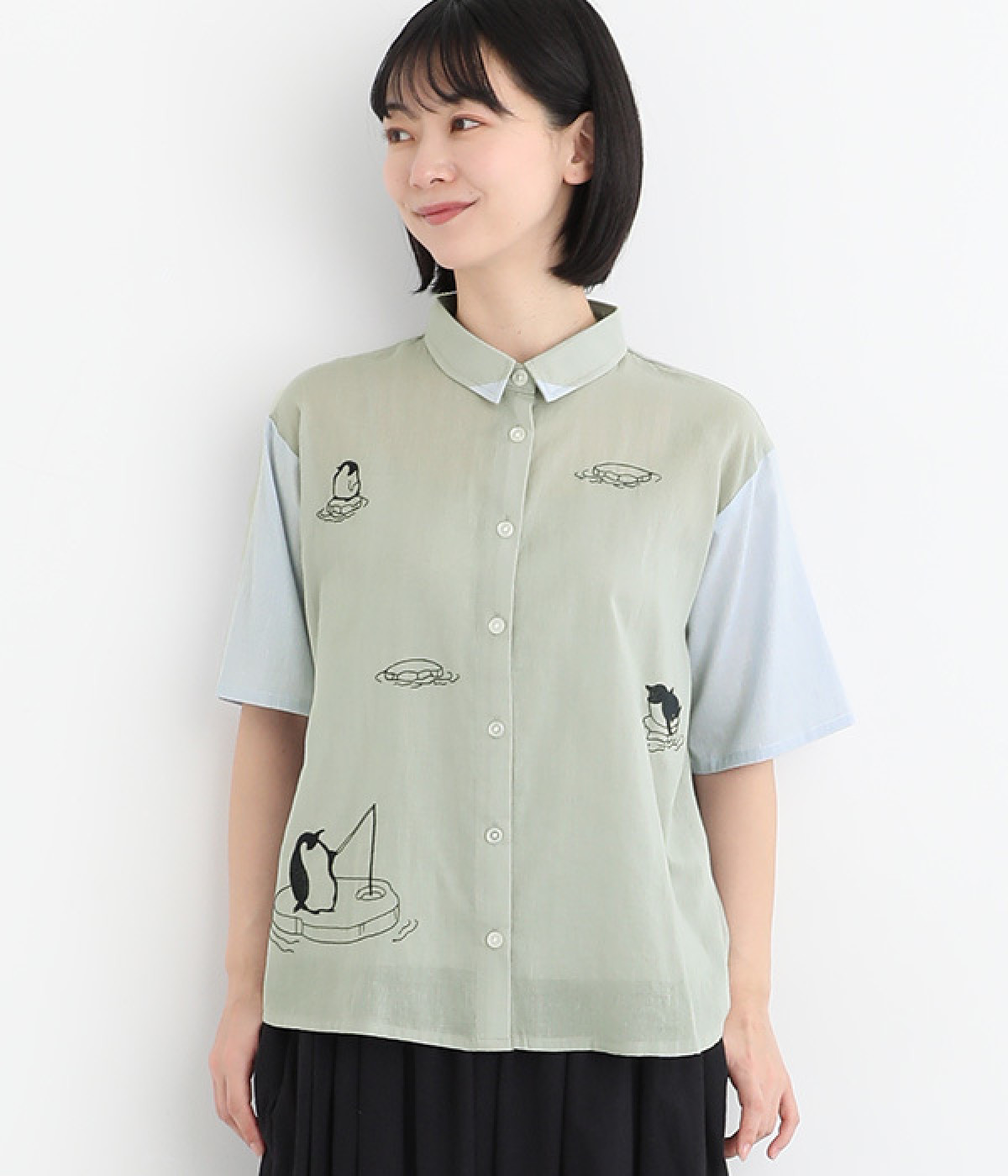 コットンローン氷に浮かぶペンギン刺繍シャツ(グレー-ONESIZE)