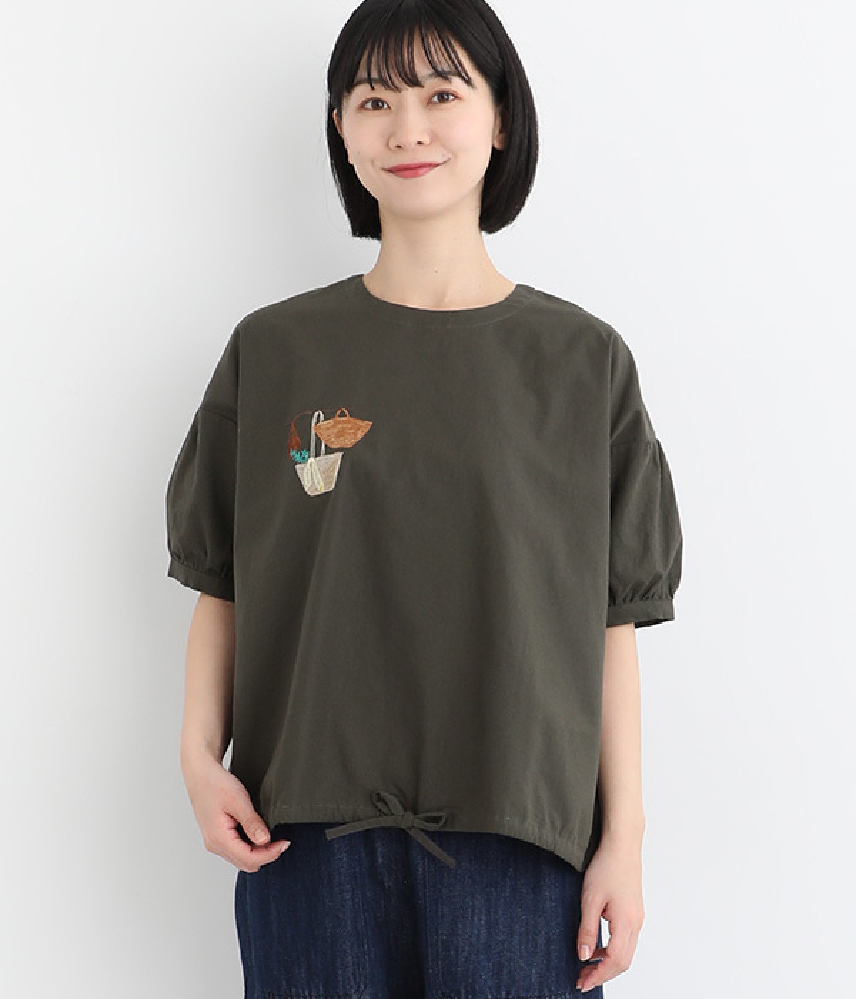 コットンリネン布帛かごバック刺繍ブラウス(チャコールグレー-ONESIZE)
