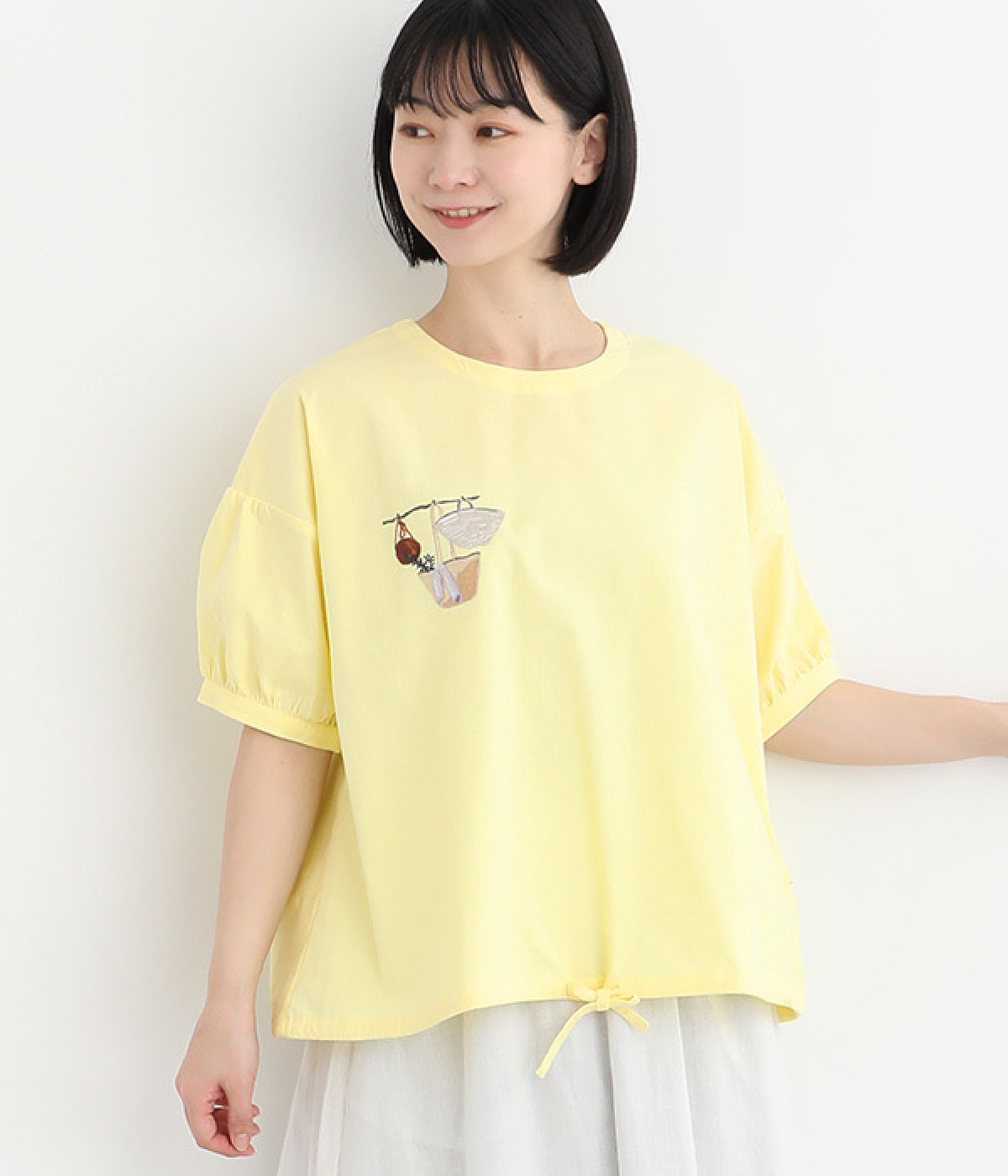 コットンリネン布帛かごバック刺繍ブラウス(イエロー-ONESIZE)
