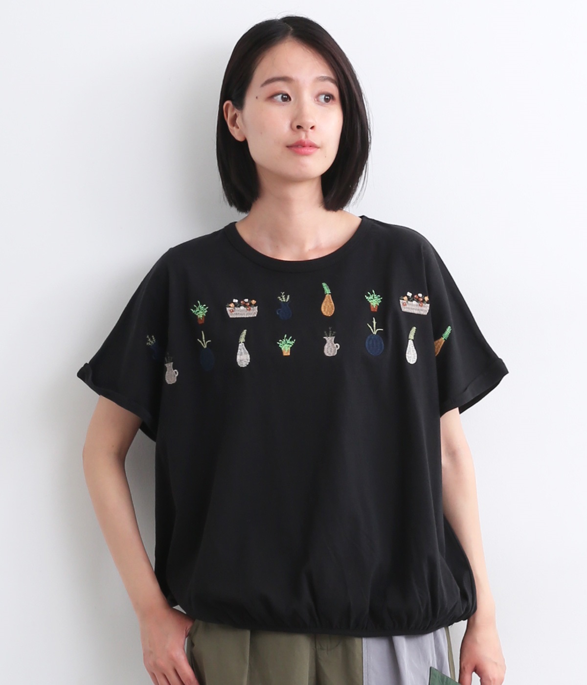 裾ギャザー植木刺ドルマンTシャツ(ブラック-ONESIZE)