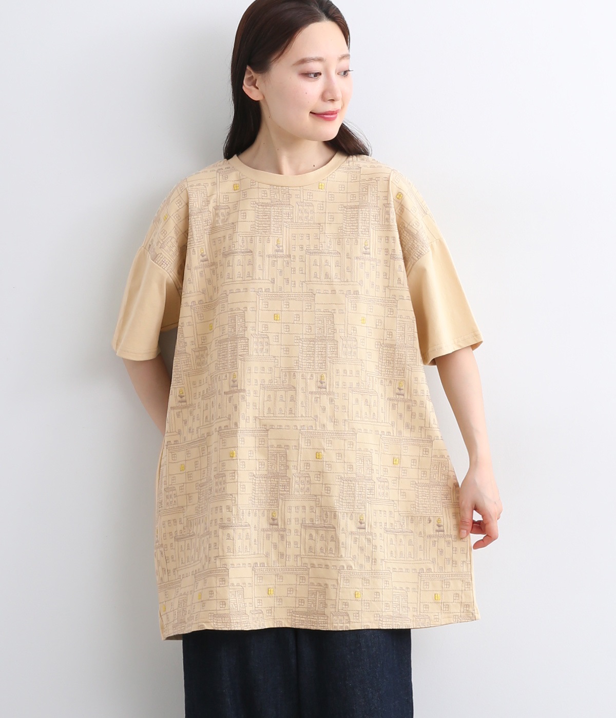 ねこ町刺繍チュニック(アイボリー-ONESIZE)