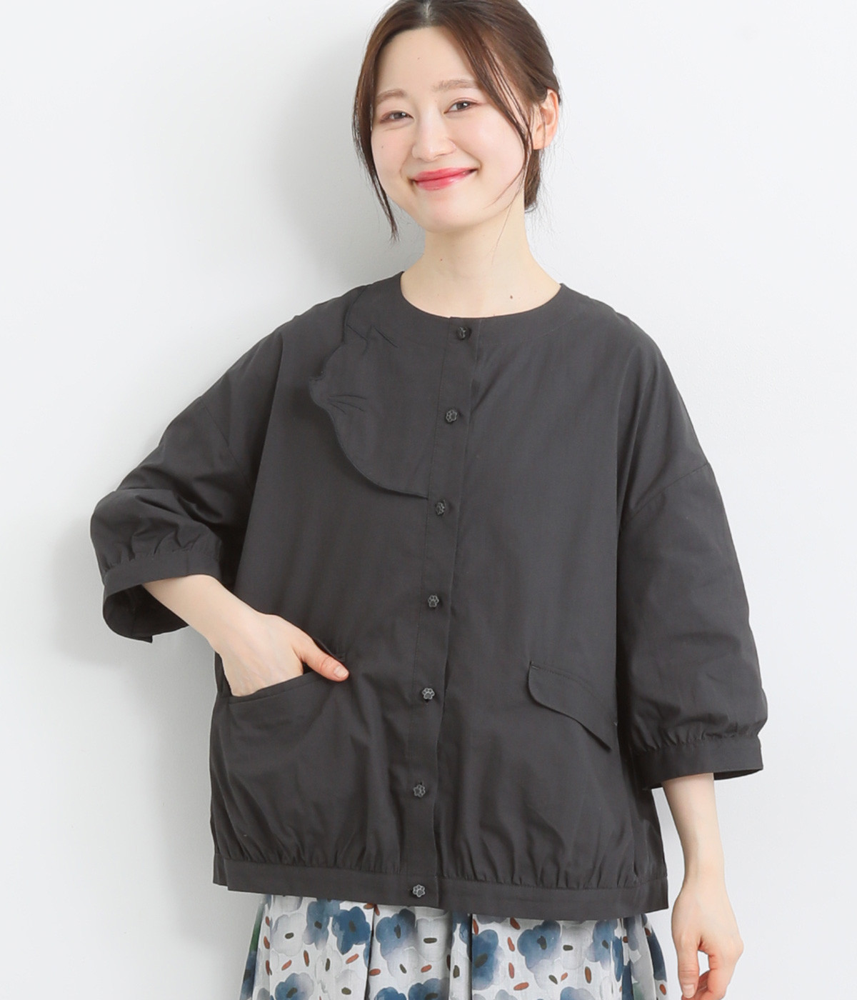 ネコ刺繍カーディガン(チャコールグレー-ONESIZE)