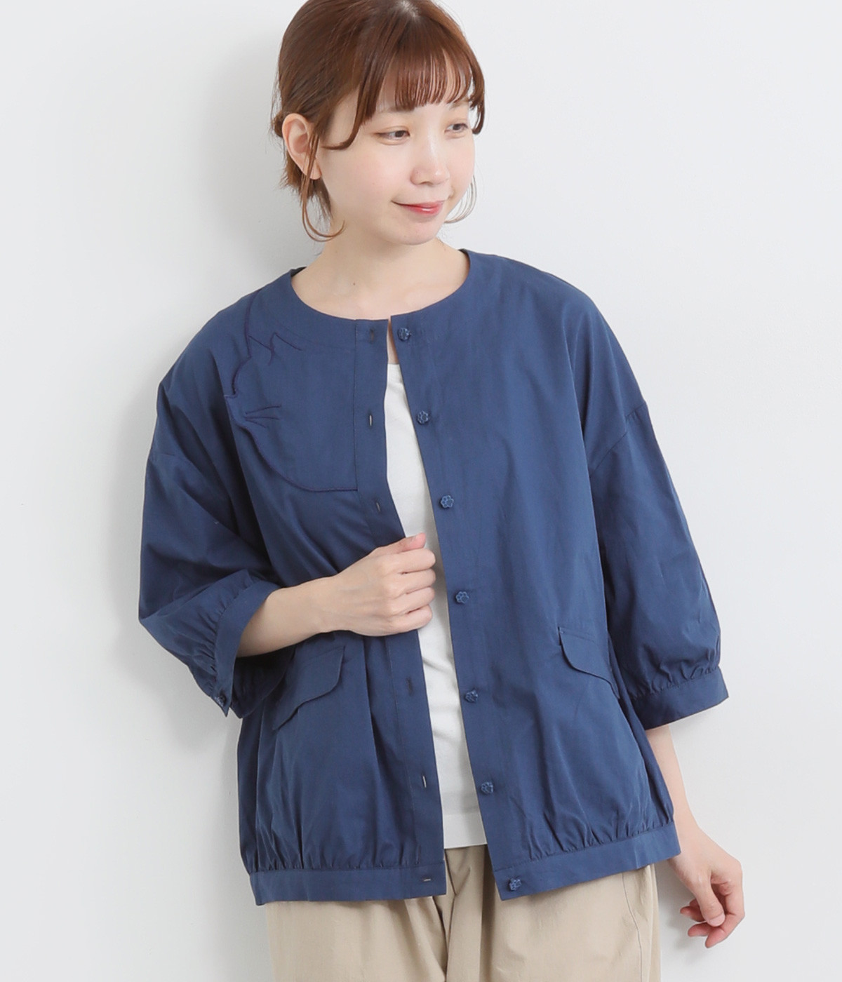 ネコ刺繍カーディガン(ネイビー-ONESIZE)