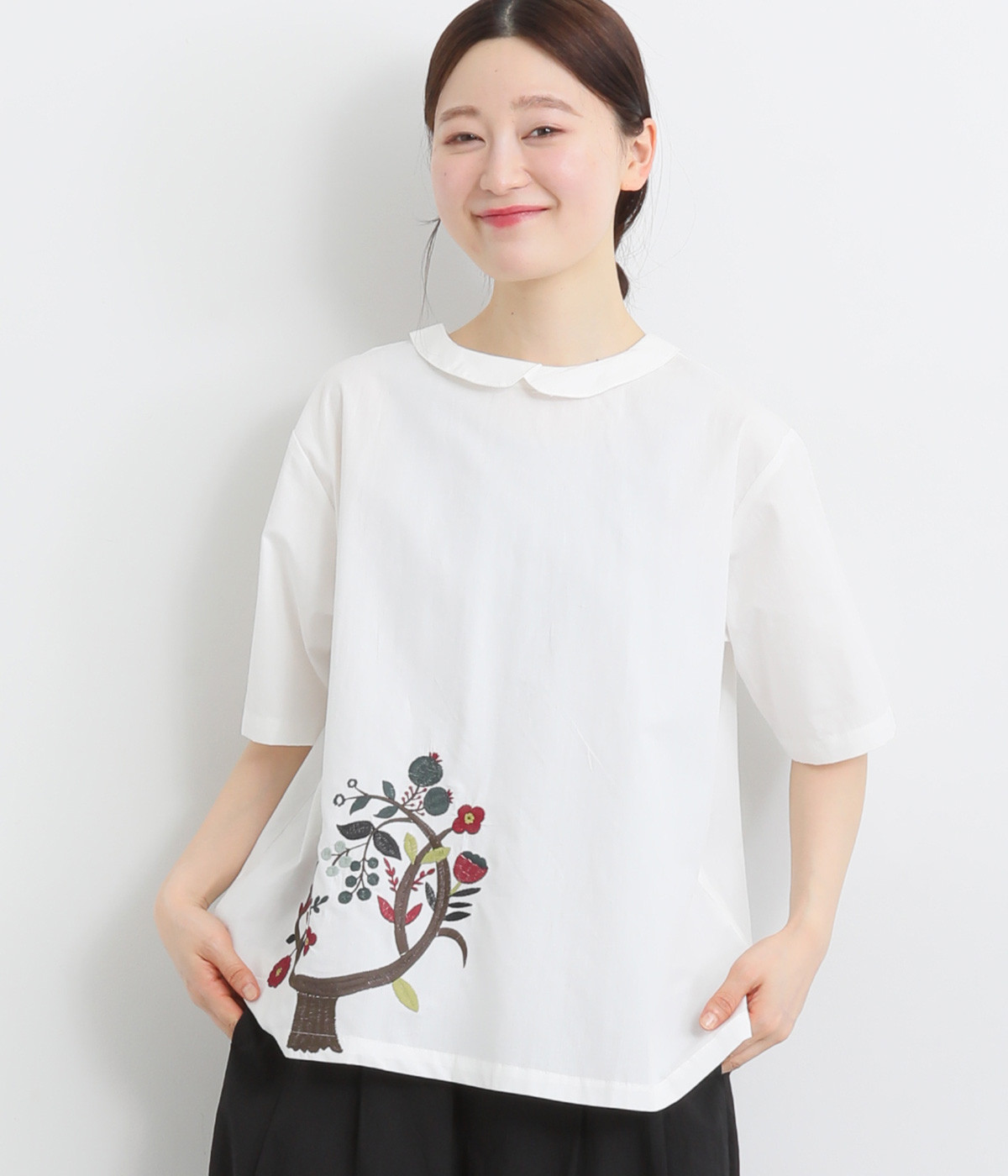 2way木と鳥刺繍シャツ(ホワイト-ONESIZE)