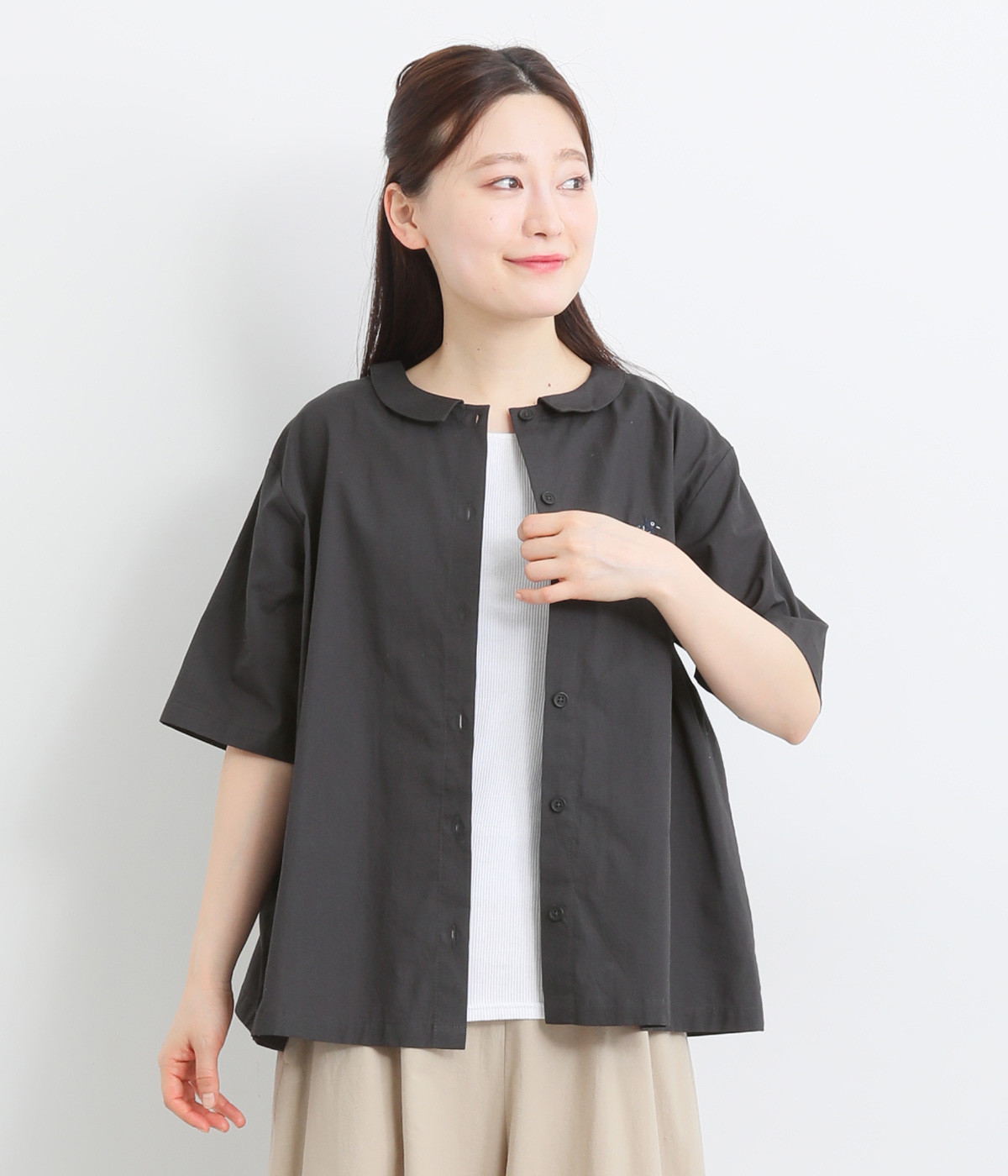 2way木と鳥刺繍シャツ(チャコールブラック-ONESIZE)