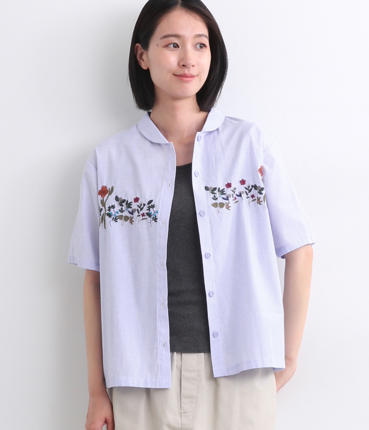花刺繍ストライプシャツ(ブルー-ONESIZE)