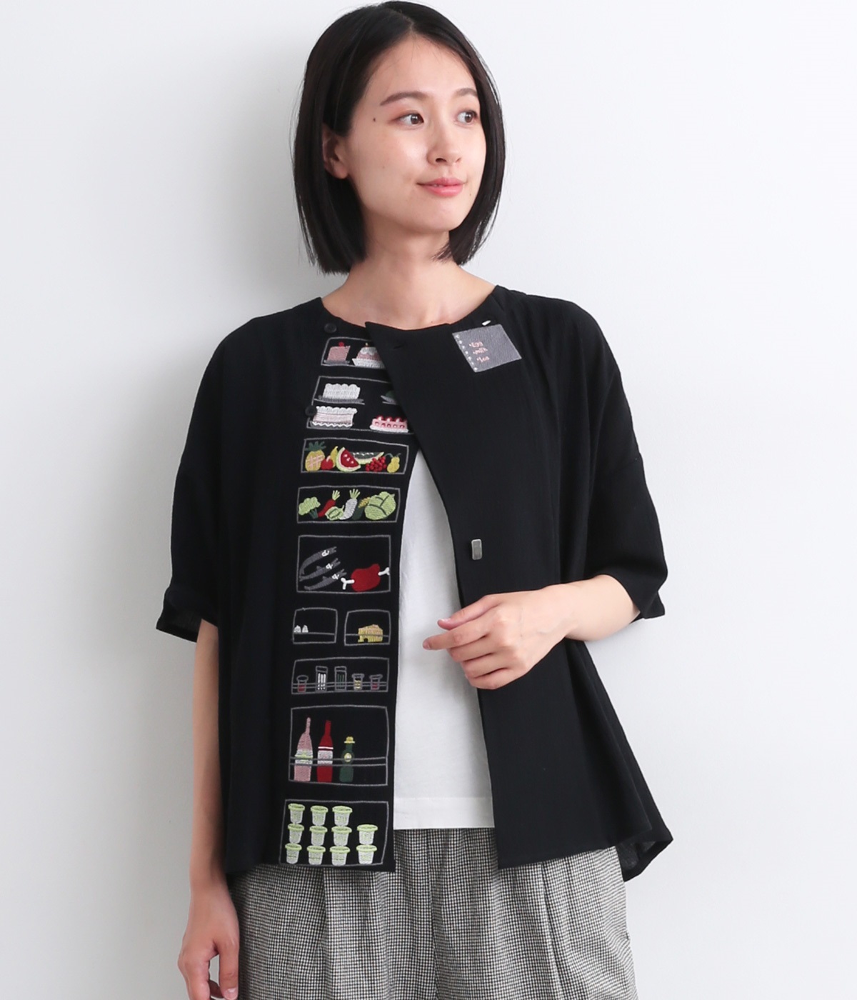 冷蔵庫刺繍前開きカーディガン(ブラック-ONESIZE)