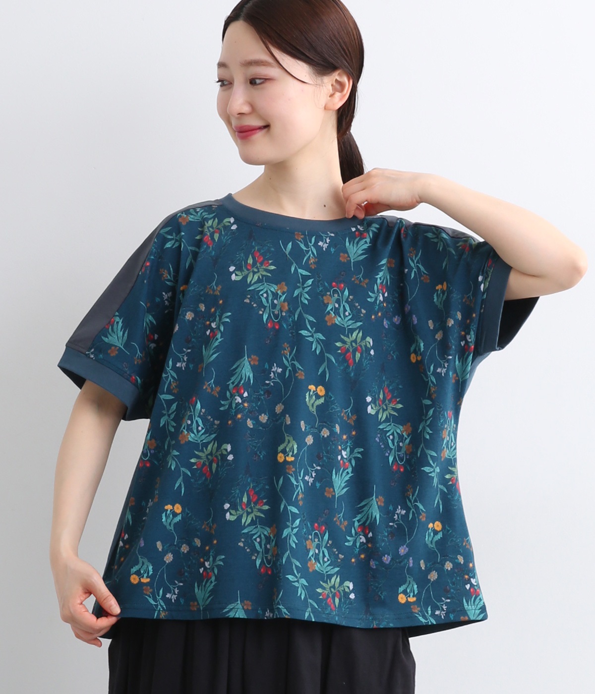 植物プリントTシャツ(ネイビー-ONESIZE)