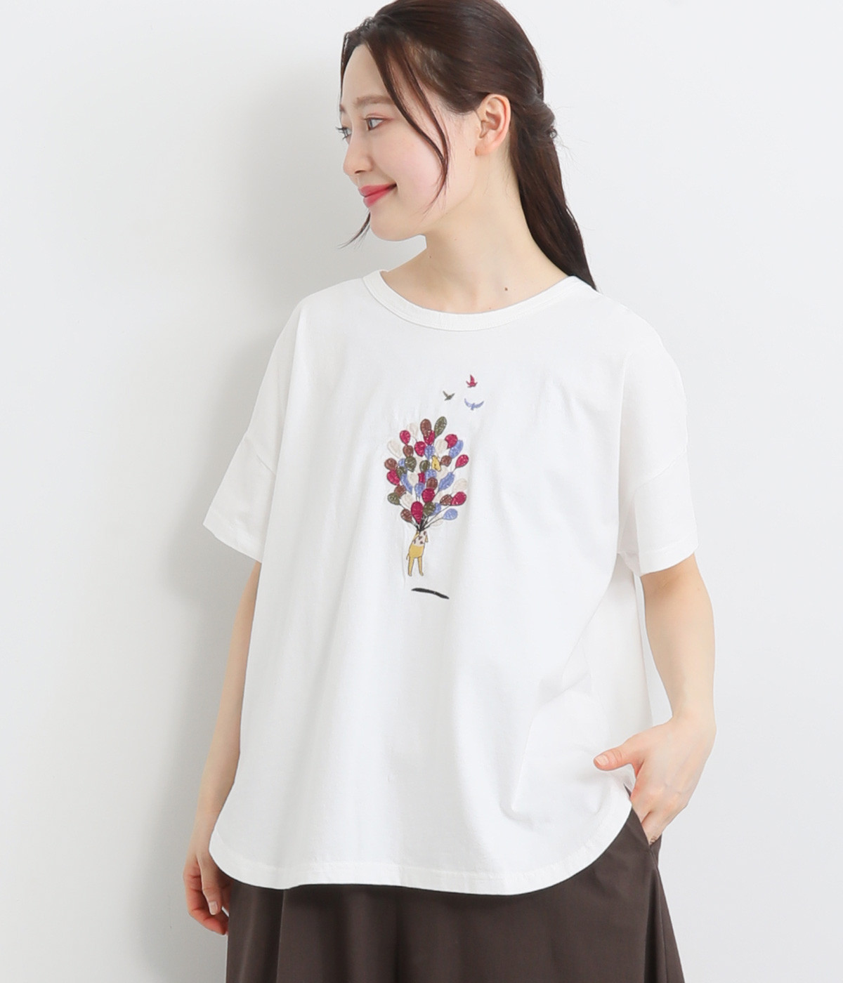 風船とキリン刺繍ドルマンTシャツ(ホワイト-ONESIZE)