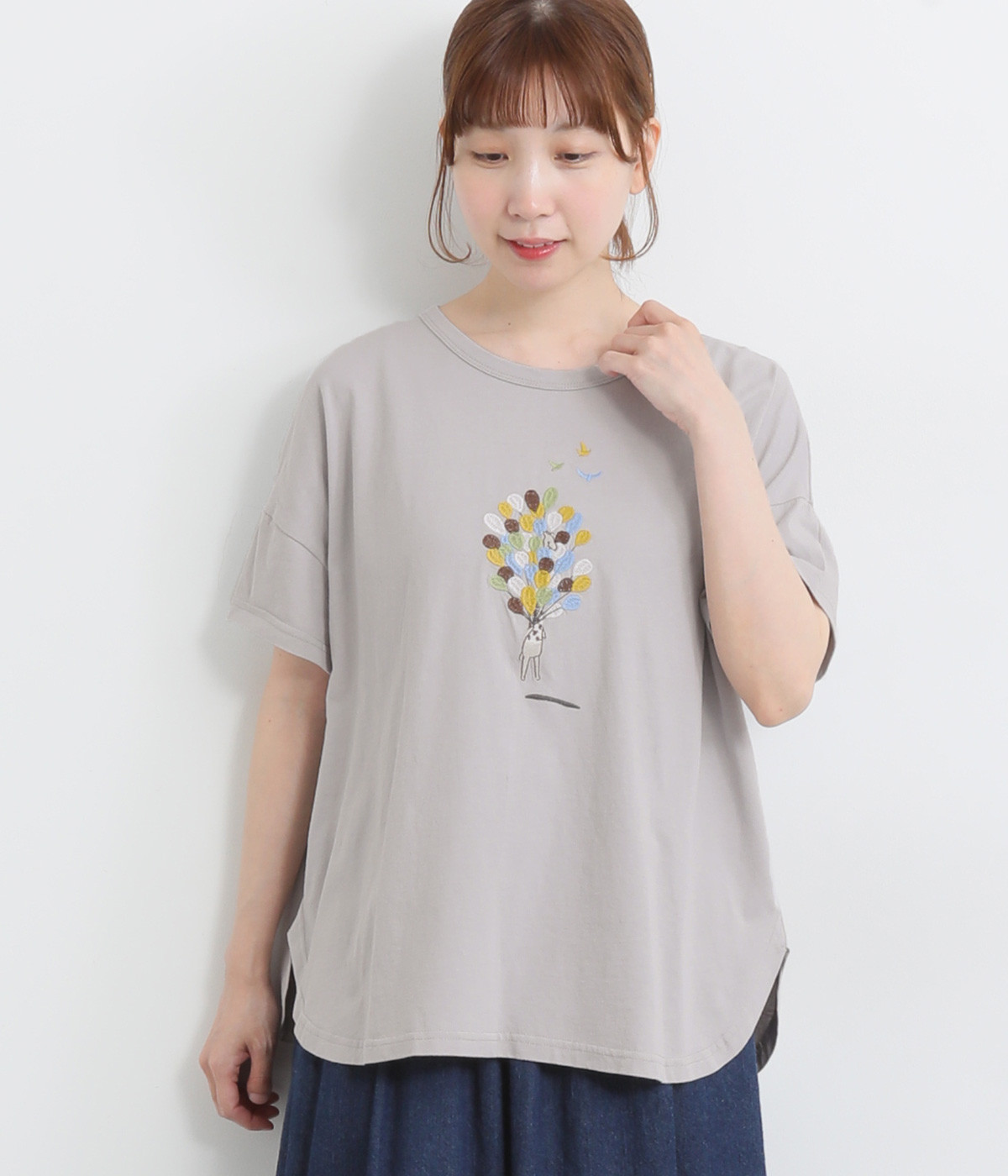 風船とキリン刺繍ドルマンTシャツ(アイスグレー-ONESIZE)