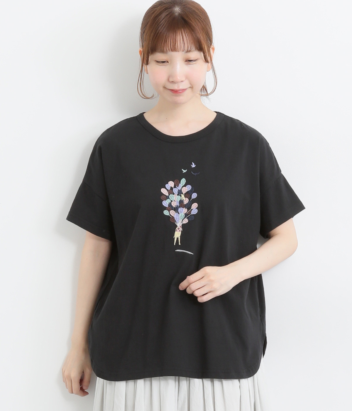 風船とキリン刺繍ドルマンTシャツ(ブラック-ONESIZE)