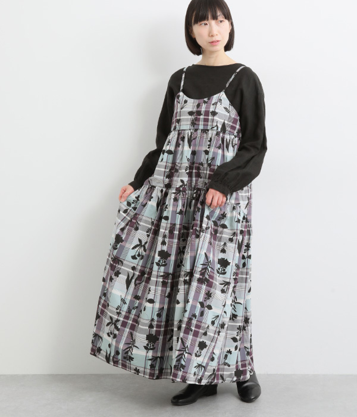 コットン花プリントチェックキャミワンピース(パープル-ONESIZE)