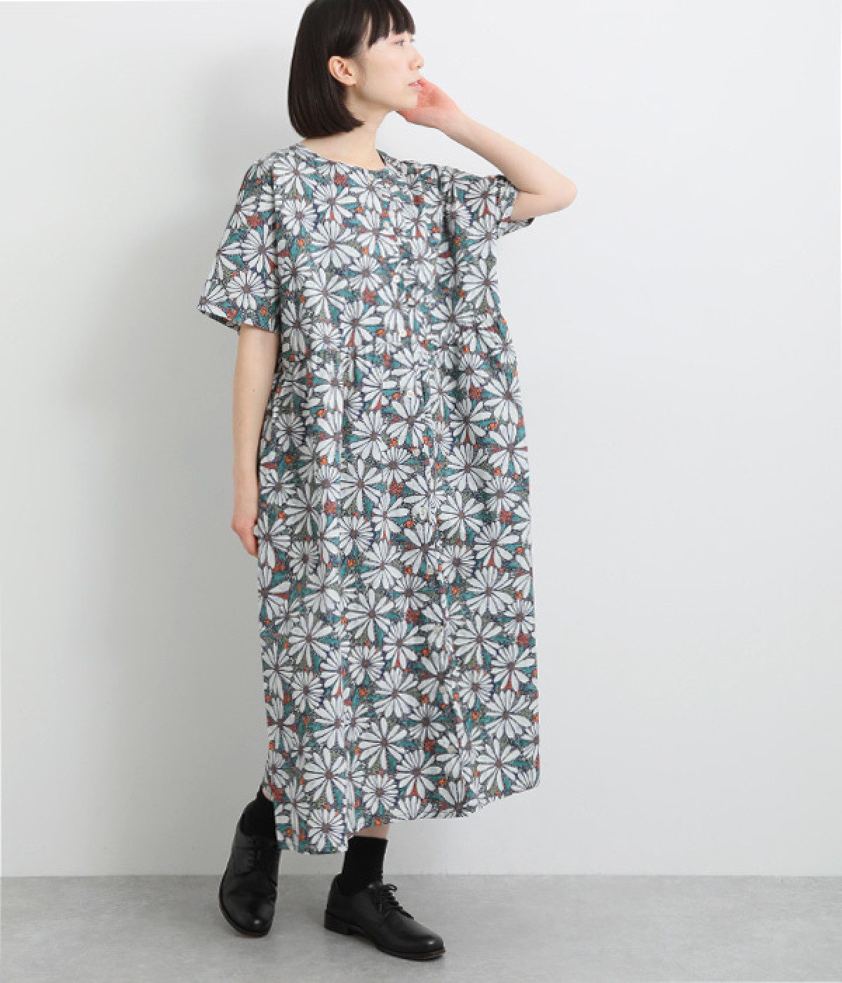 コットン多色花柄プリントワンピース(グレー-ONESIZE)