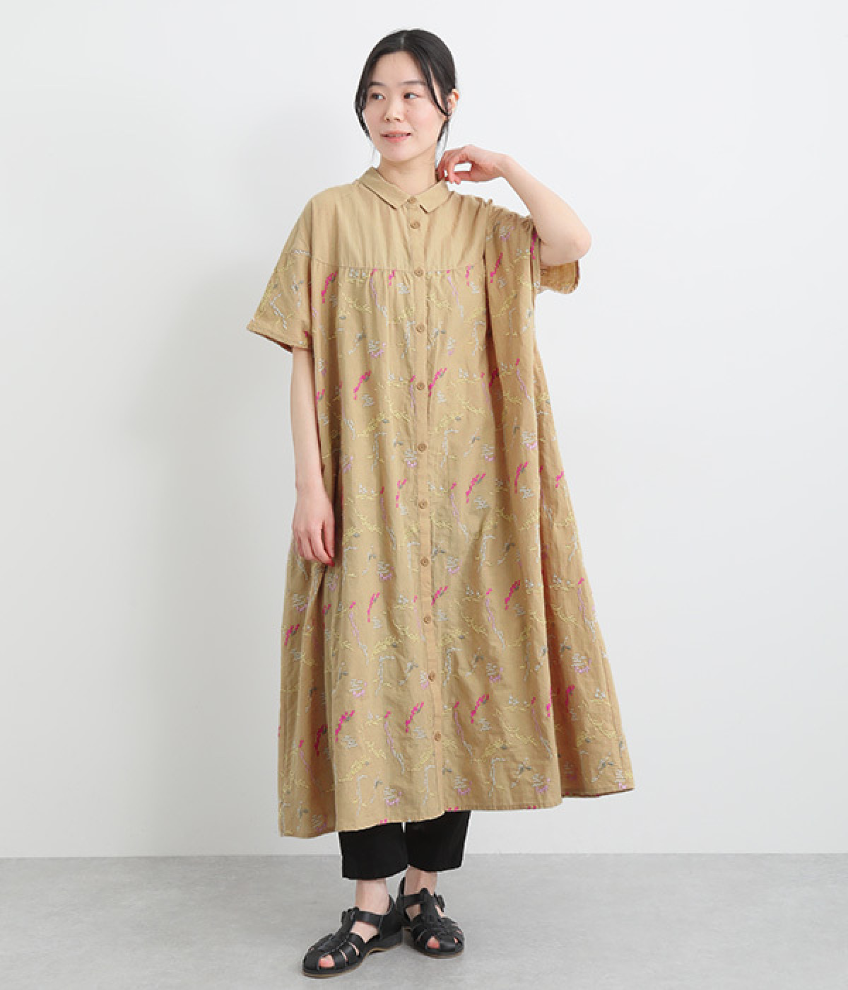コットン畝チェック布帛鳥と泳ぐ魚刺繍ワンピース(ベージュ-ONESIZE)