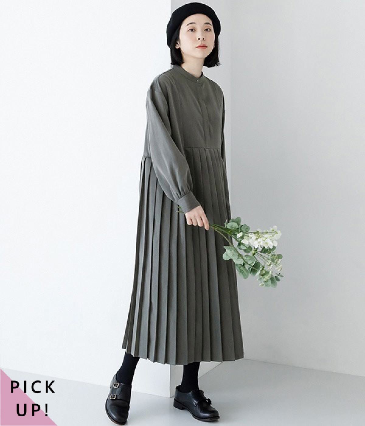イレギュラー切替プリーツワンピース(チャコール-ONESIZE)