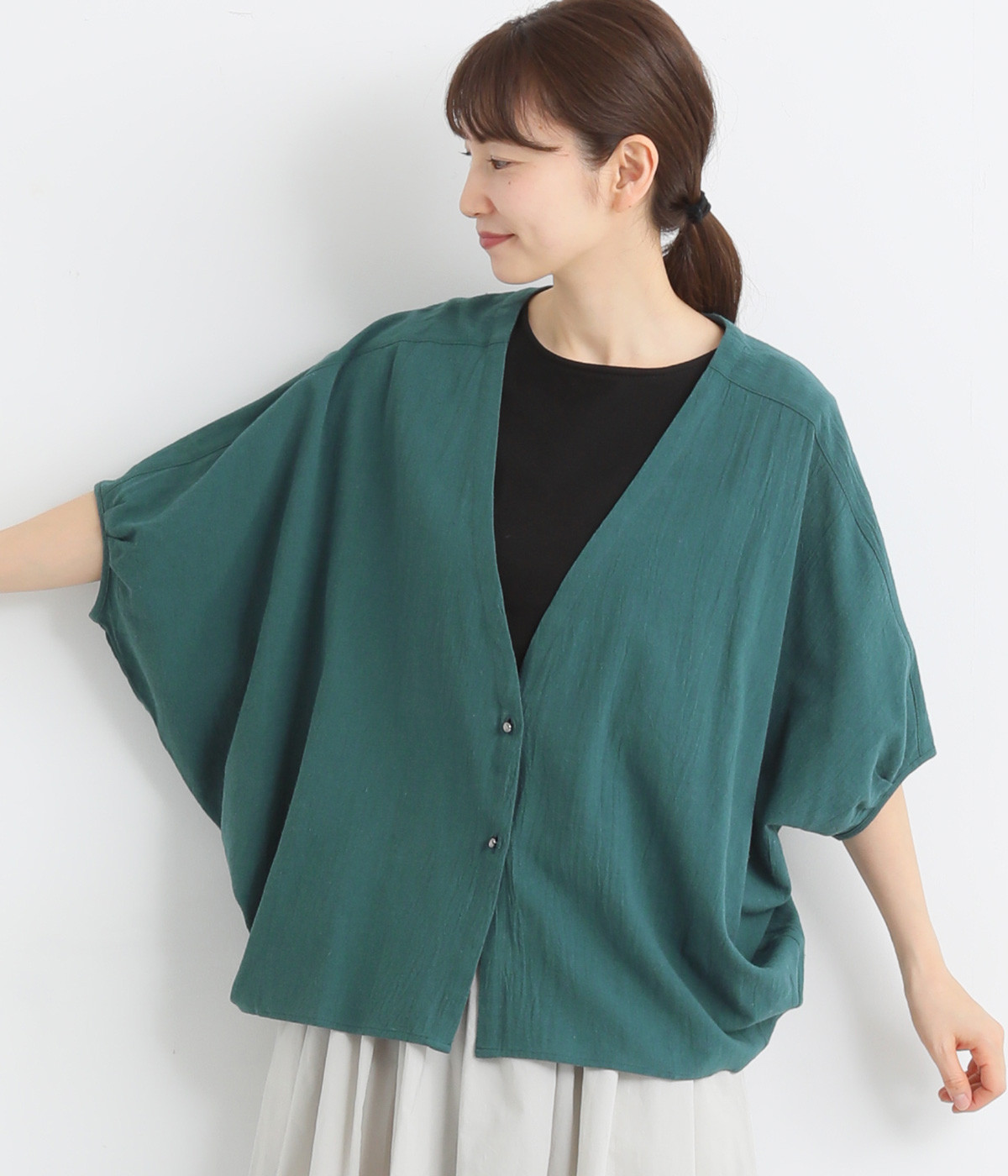 ウォッシュコットンバンザイカーディガン(ダークグリーン-ONESIZE)