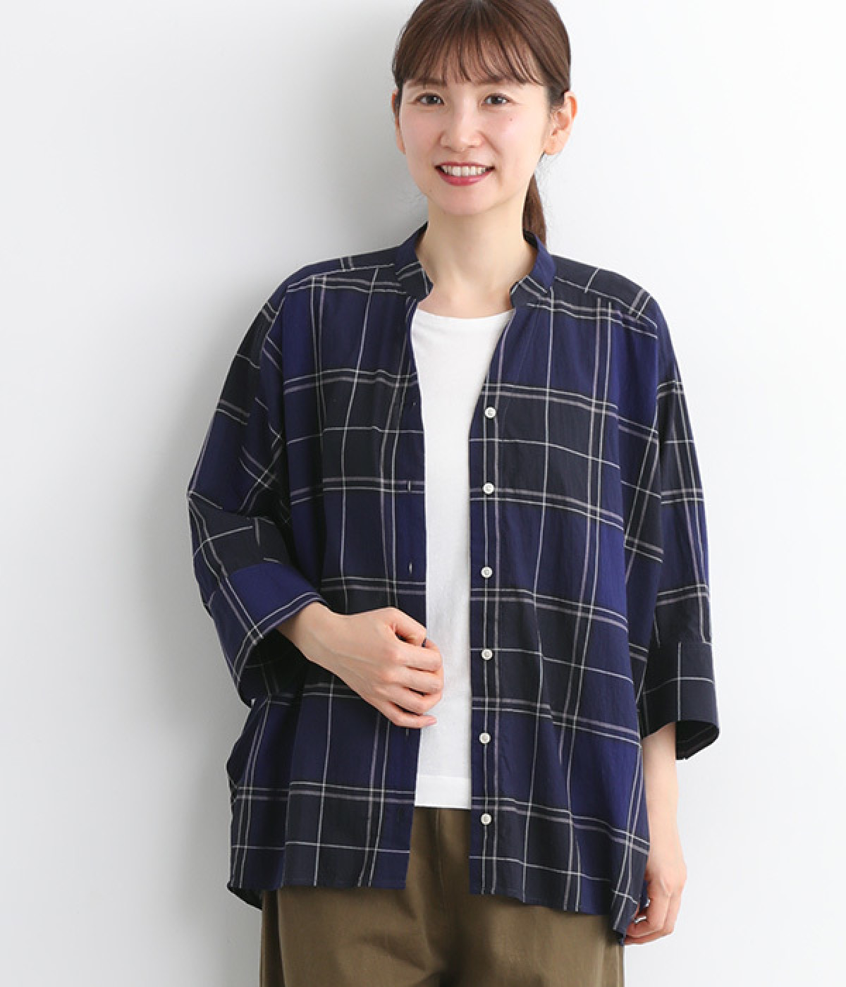 サンドチェックドルマン7分袖チュニック(ネイビーチェック-ONESIZE)