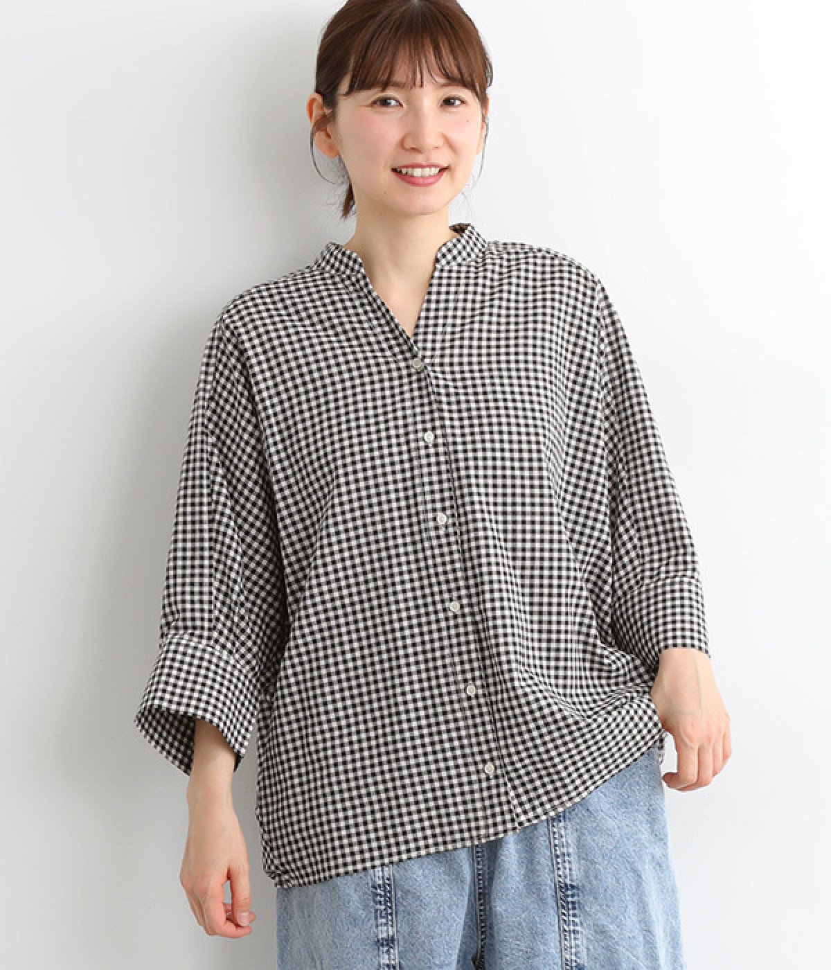 サンドチェックドルマン7分袖チュニック(ギンガム-ONESIZE)