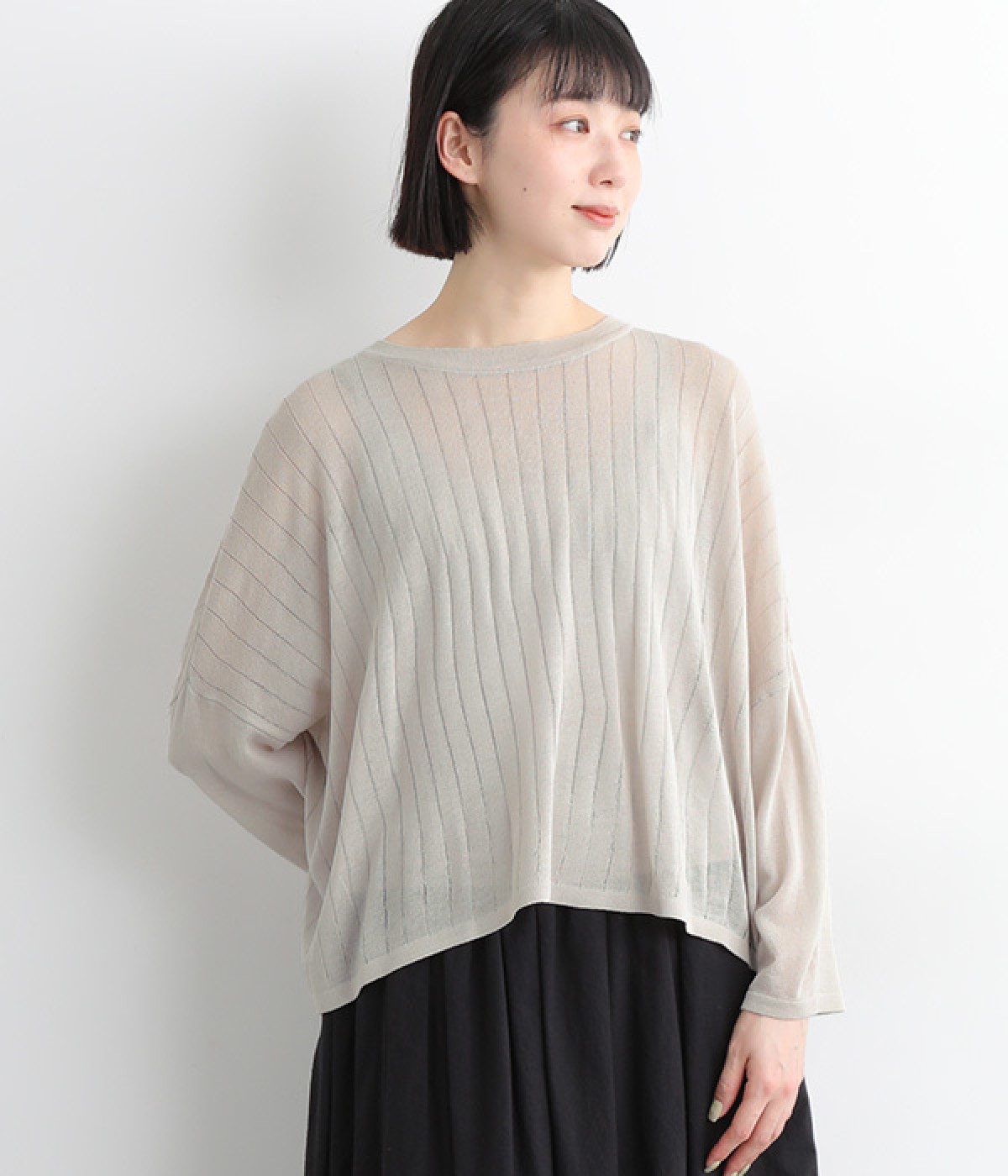 リネンタッチワイドテレコショートポンチョプルオーバー(グレージュ-ONESIZE)