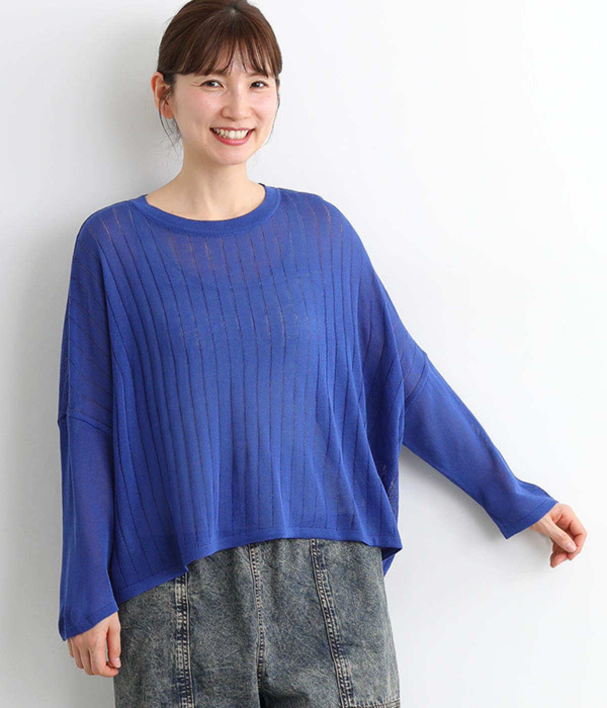 リネンタッチワイドテレコショートポンチョプルオーバー(ブルー-ONESIZE)