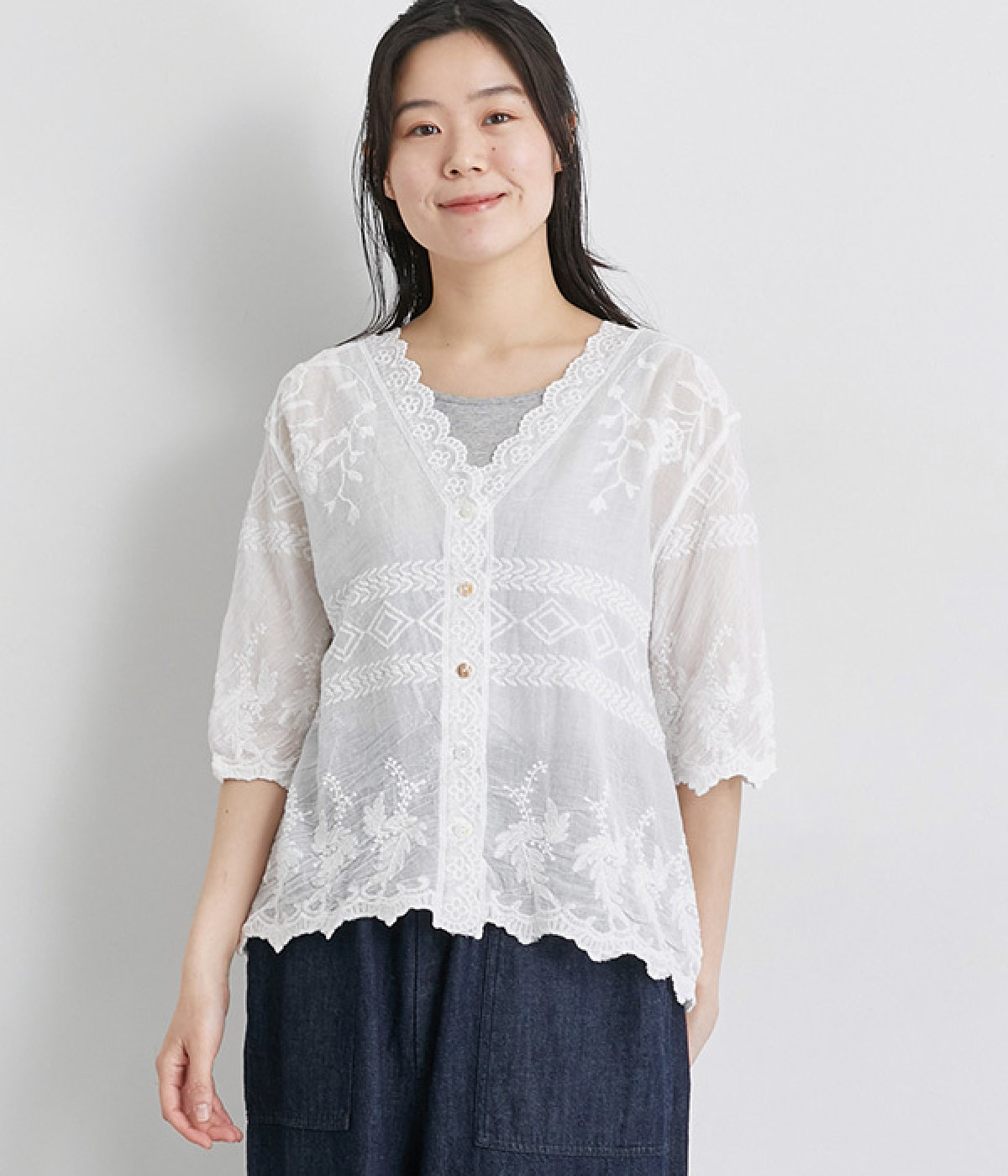 コットンレース半袖前あきブラウス(オフホワイト-ONESIZE)