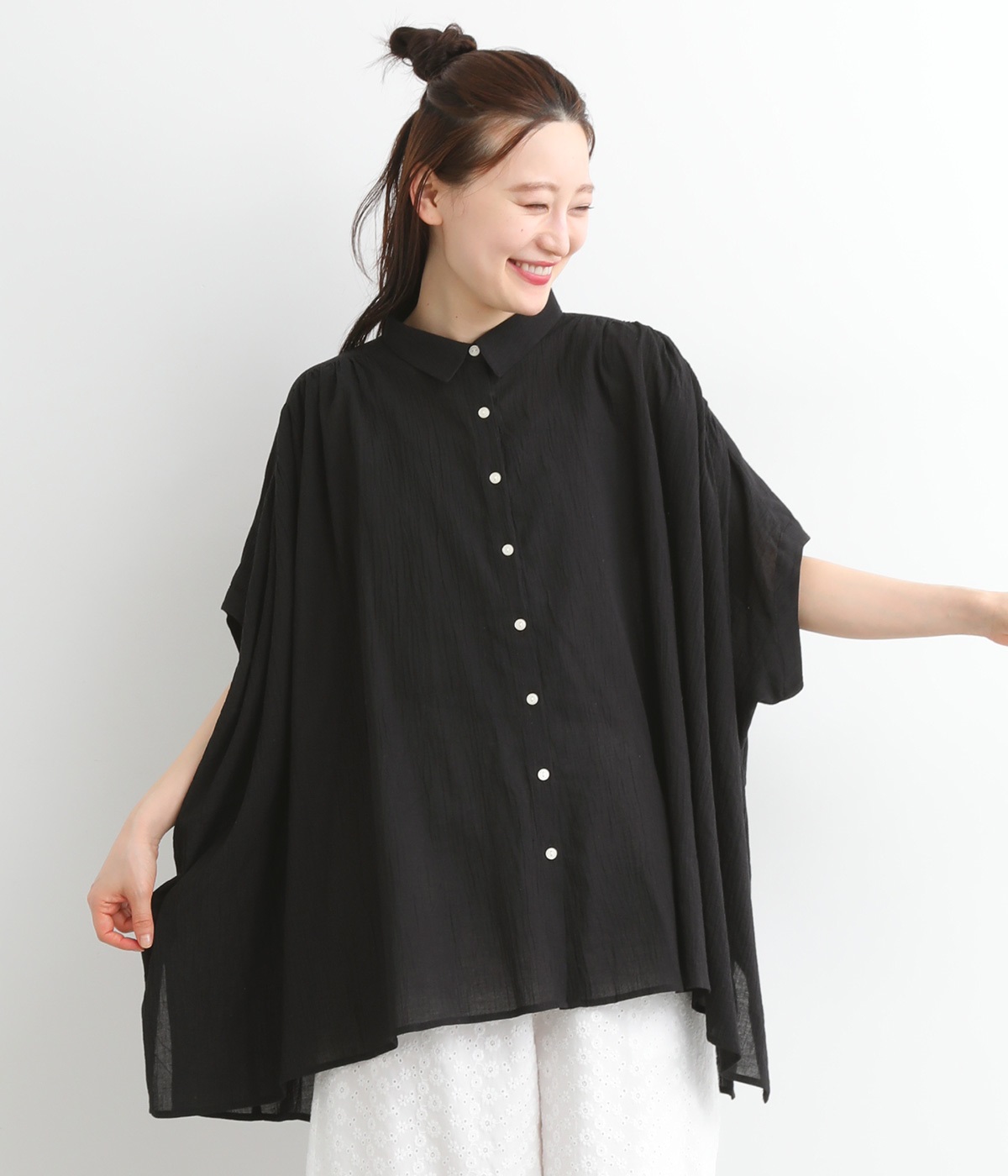 しわボイルシャーリングバンザイチュニック(ブラック-ONESIZE)