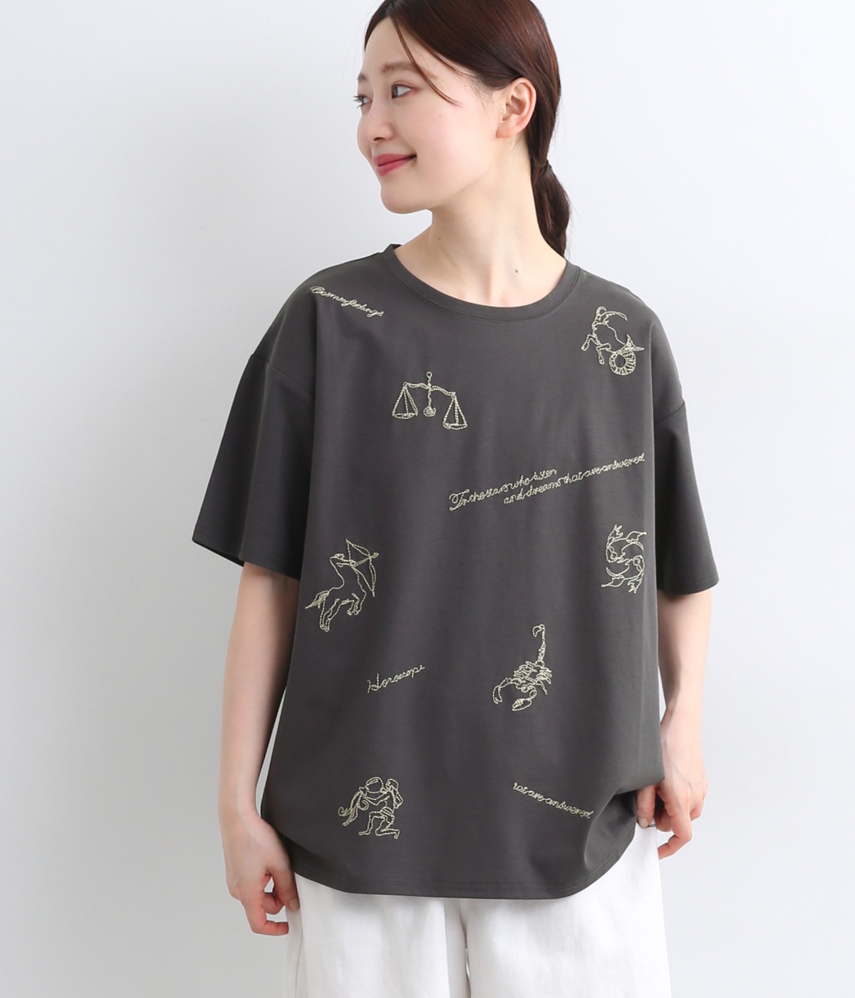 バイオ天竺星座刺繍Tシャツ(チャコール-ONESIZE)
