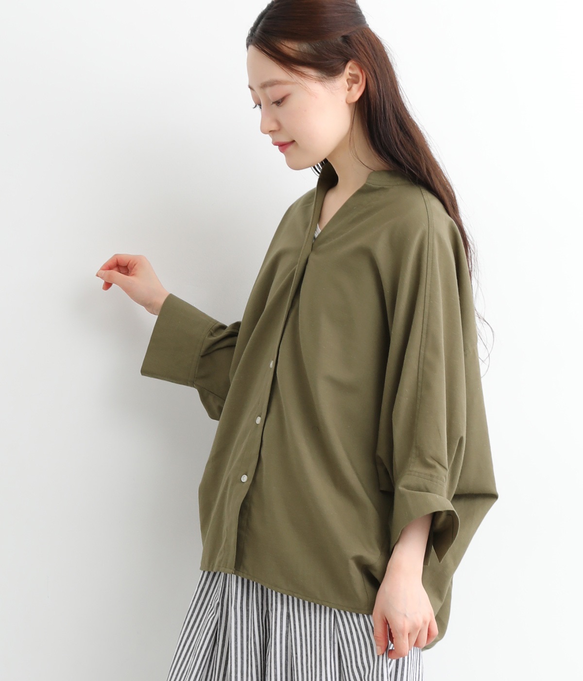 UV冷感シアーポリリネンコクーンドルマンブラウス(カーキ-ONESIZE)