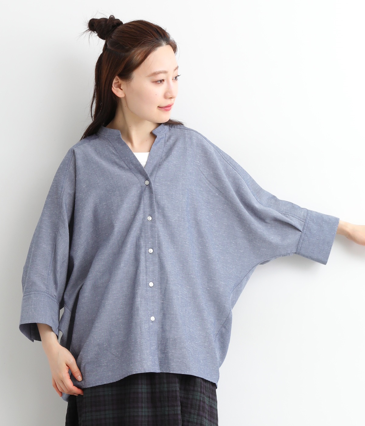 UV冷感シアーポリリネンコクーンドルマンブラウス(ネイビー-ONESIZE)