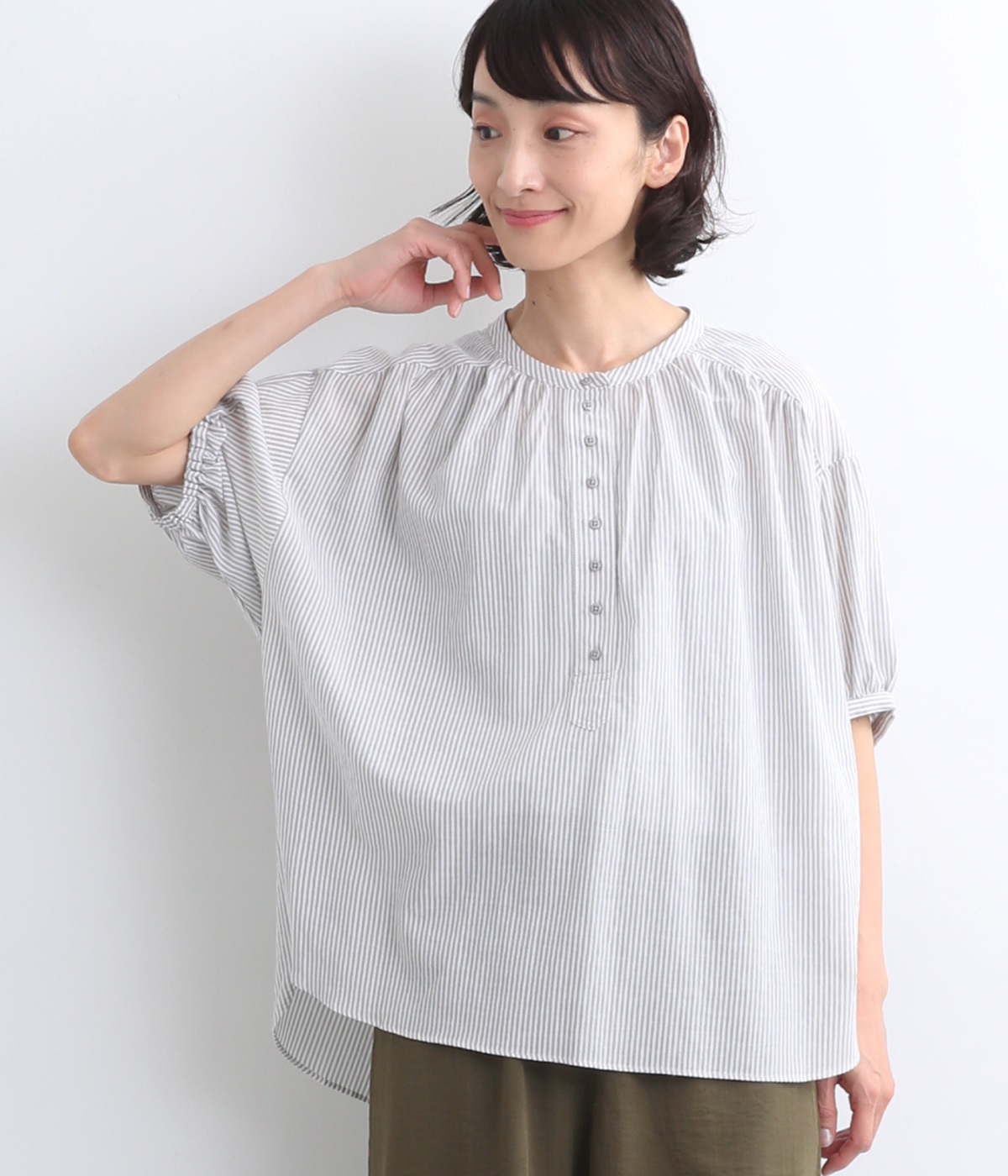 コットンサンドウオッシュ多釦ヘンリーブラウス(グレーストライプ-ONESIZE)