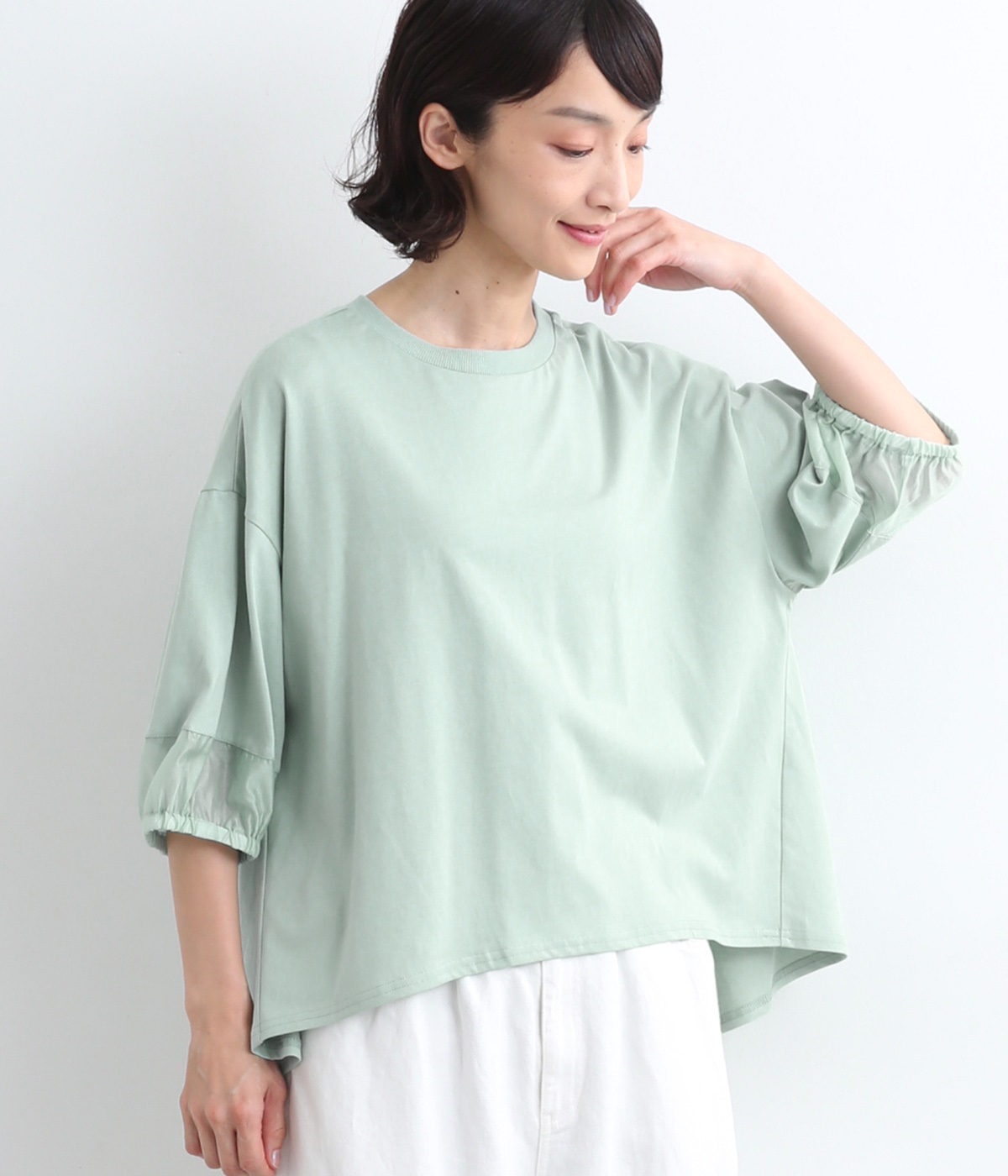 セミシルケット襟リブシアーランタン袖プルオーバー(グリーン-ONESIZE)