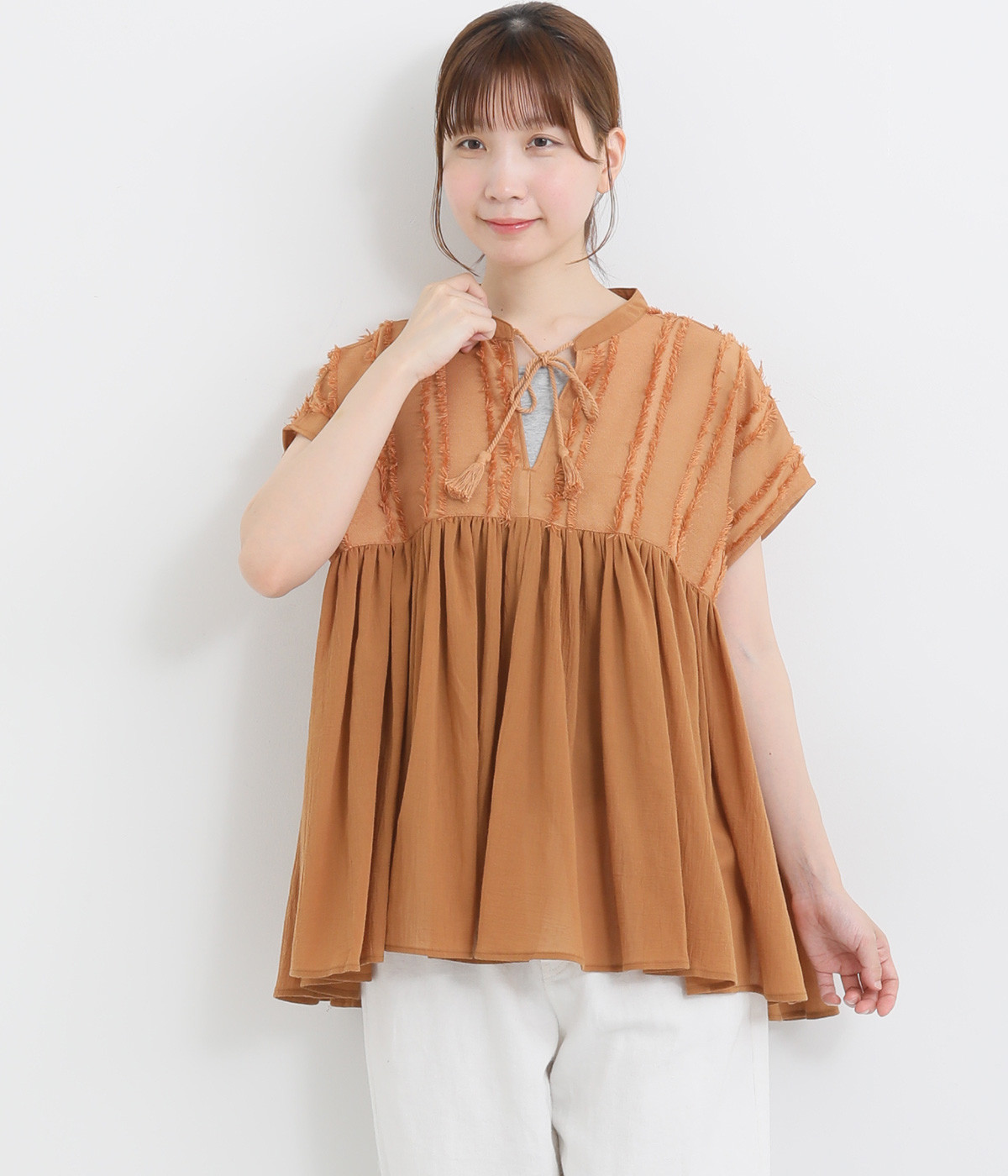 フリンジストライプジャカードギャザーフレンチブラウス(レンガ-ONESIZE)