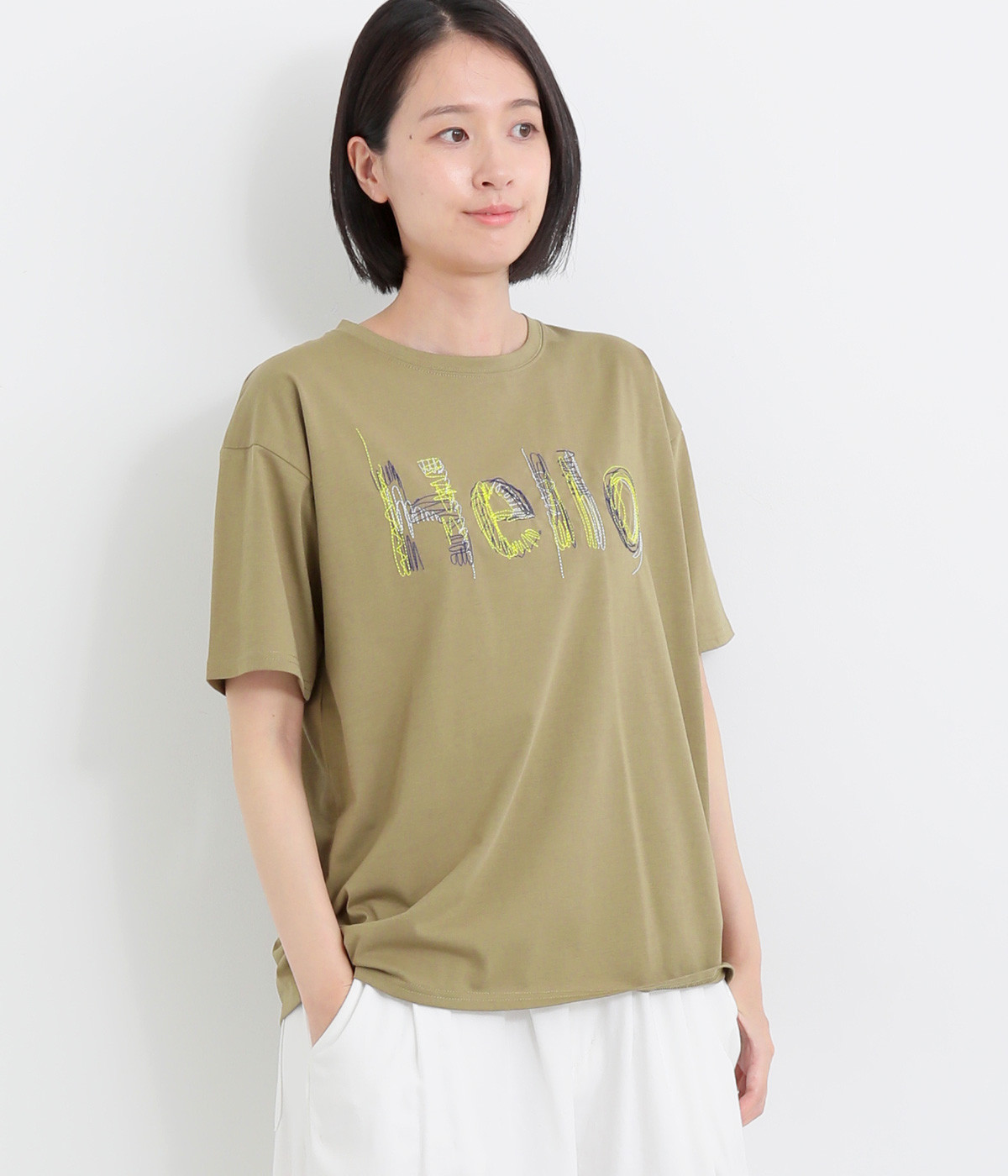 バイオ天竺アートロゴ刺繍Tシャツ(カーキ-ONESIZE)