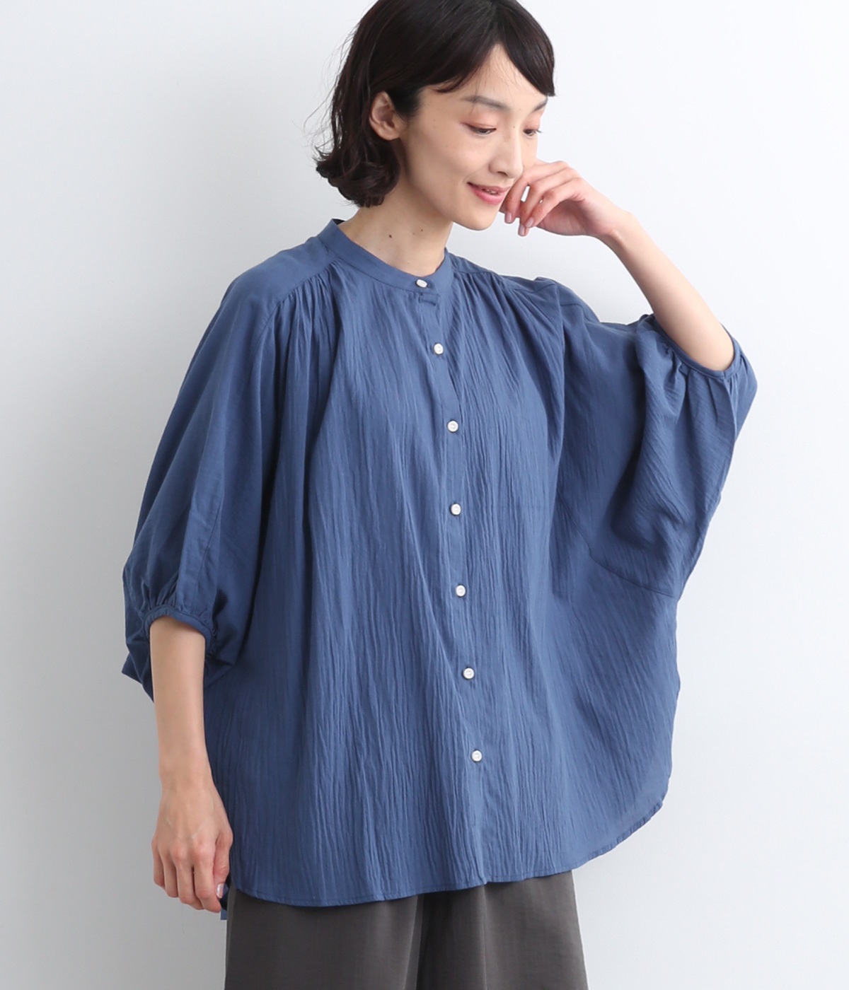 しわボイルバックバルーンバンザイブラウス(ブルー-ONESIZE)