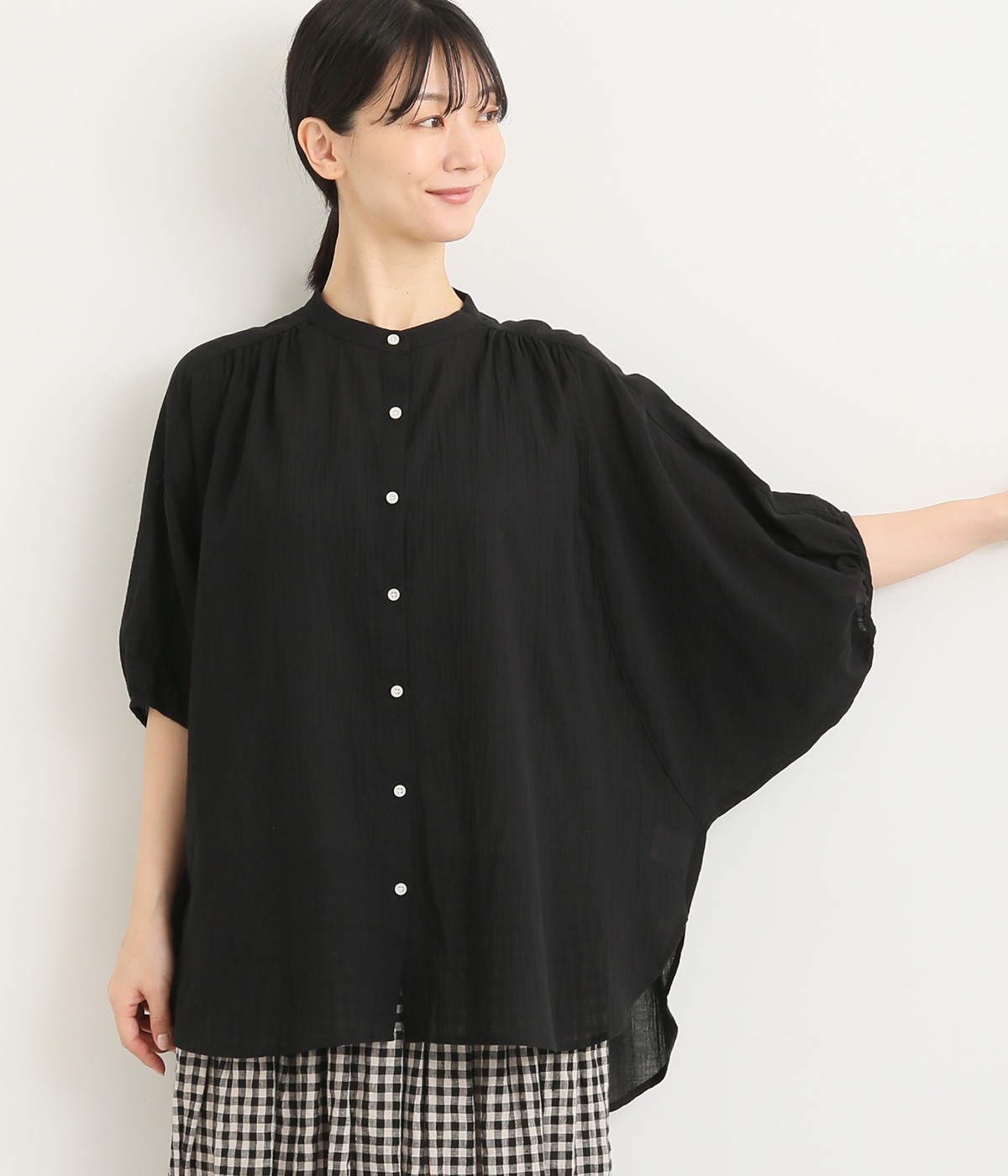 しわボイルバックバルーンバンザイブラウス(ブラック-ONESIZE)
