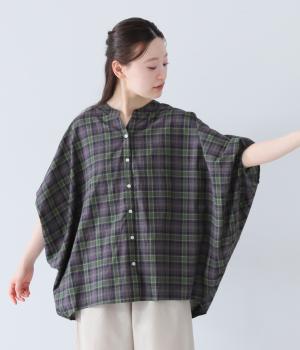 サンドウォッシュチェックバンザイブラウス(ブラックウォッチ-ONESIZE)
