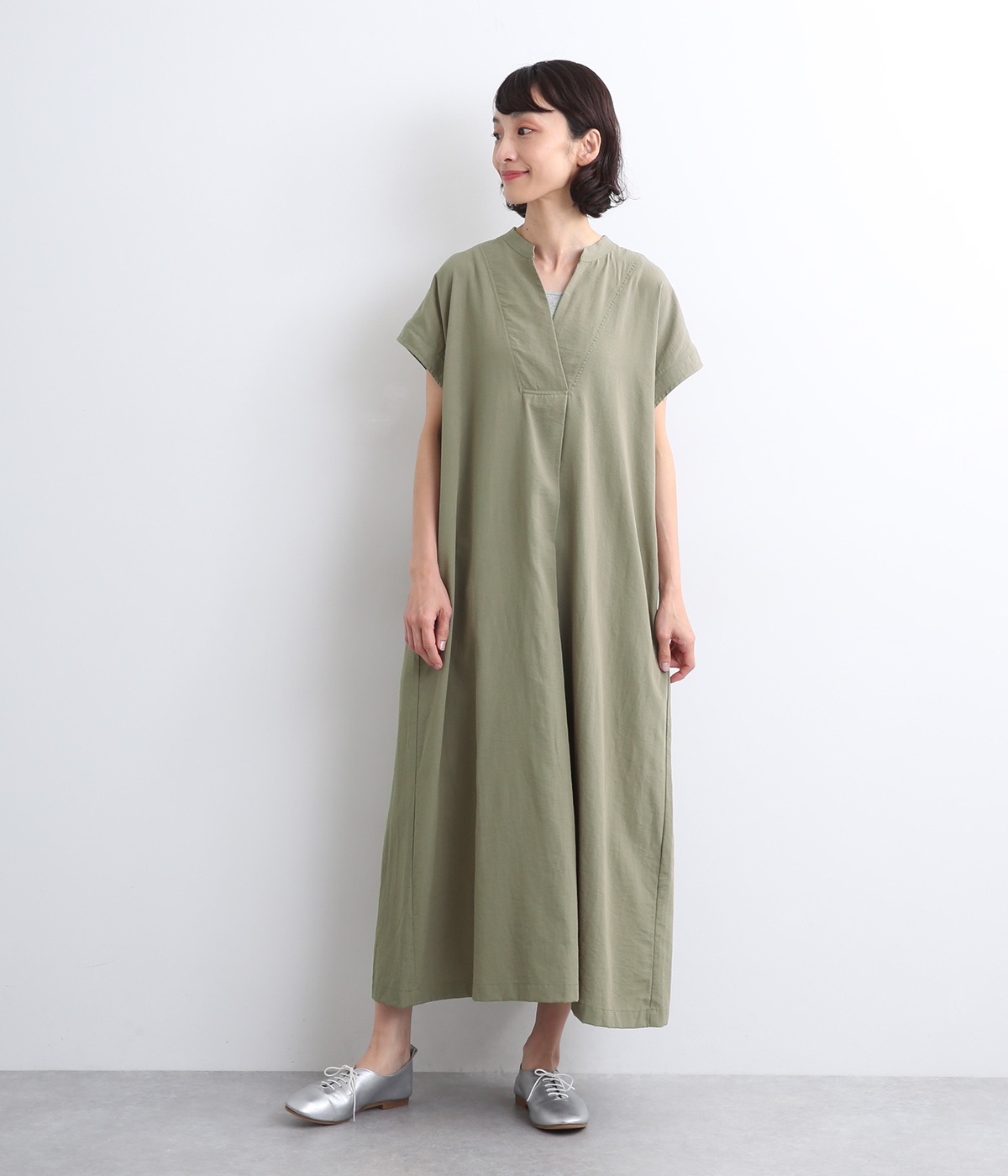スキッパーワンピース(カーキ-ONESIZE)