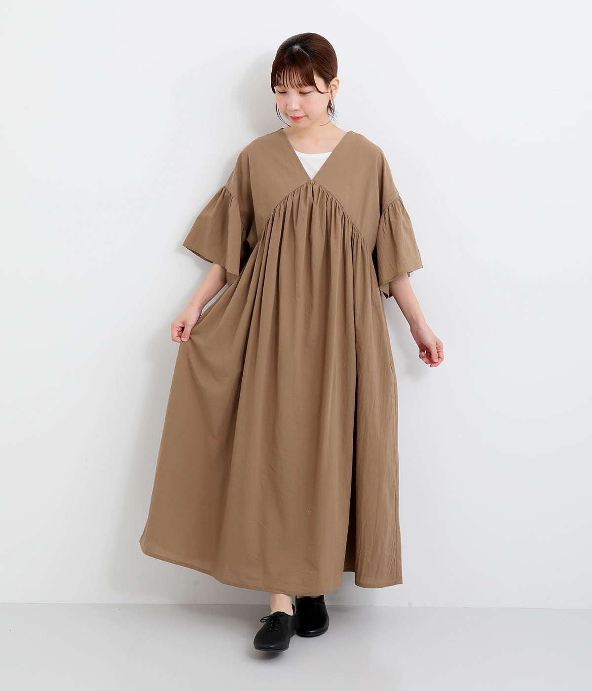 サンドウォッシャー袖フレアギャザーワンピース(ブラウン-ONESIZE)