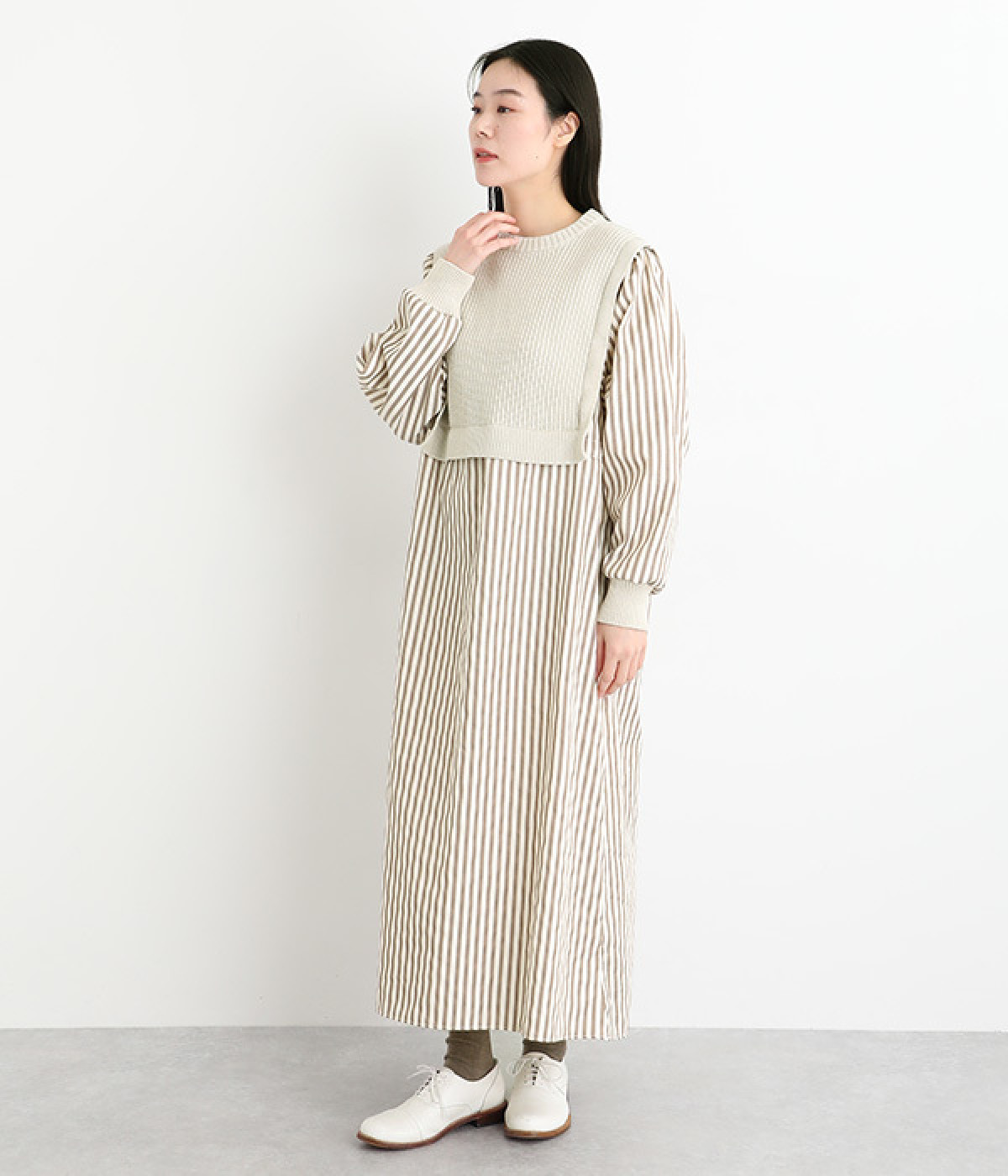 コットンアクリルバルキードッキングワンピース(ベージュ-ONESIZE)