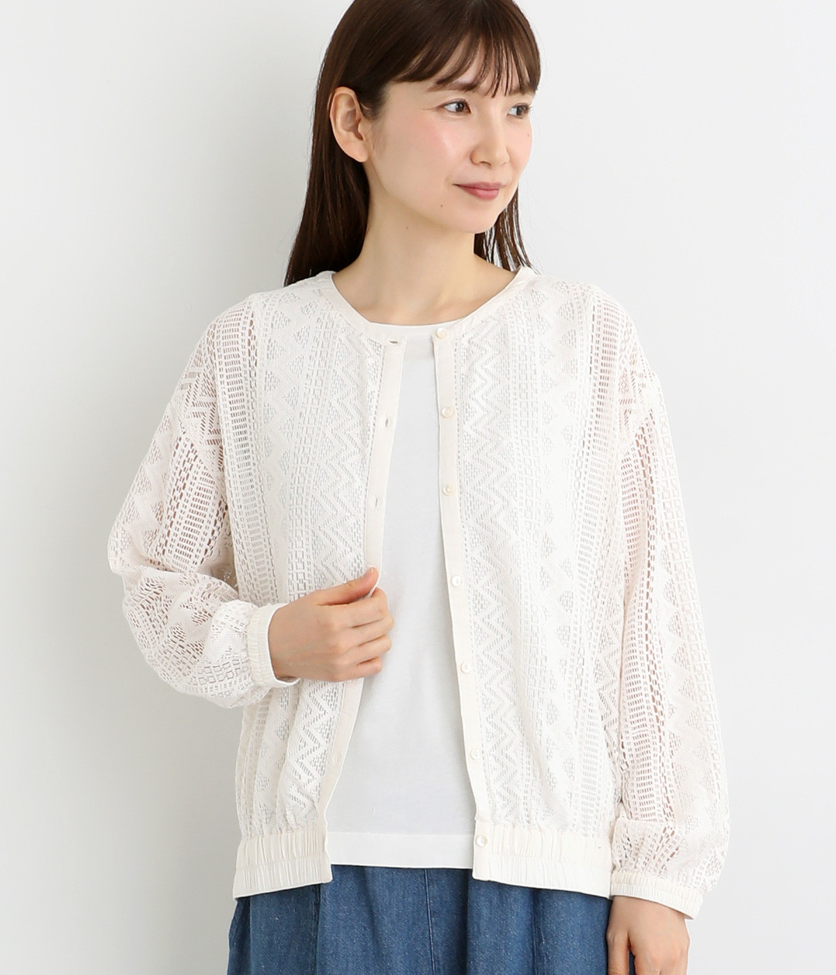 コットンレーステキスタイルブルゾン(ホワイト-ONESIZE)