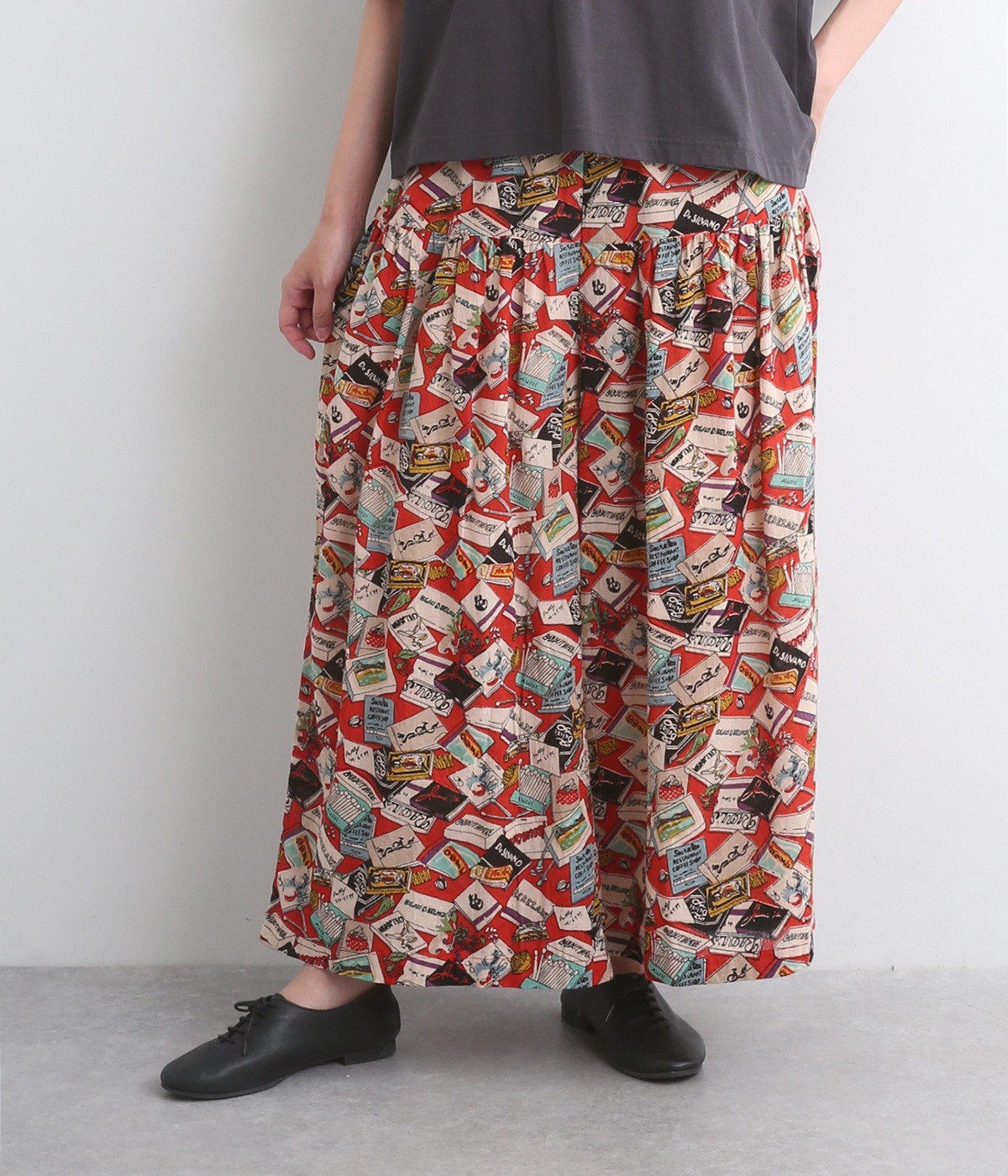 コットンリネンプリントギャザーワイドパンツ(レッド-ONESIZE)
