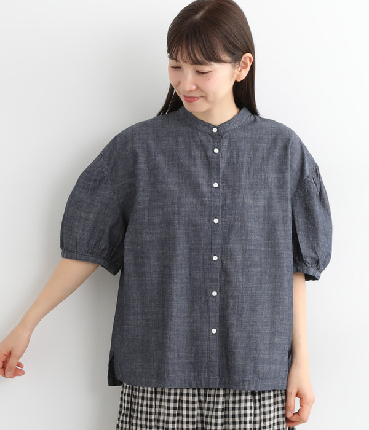 コットンリネンダンガリーパフスリーブシャツ(ネイビー-ONESIZE)