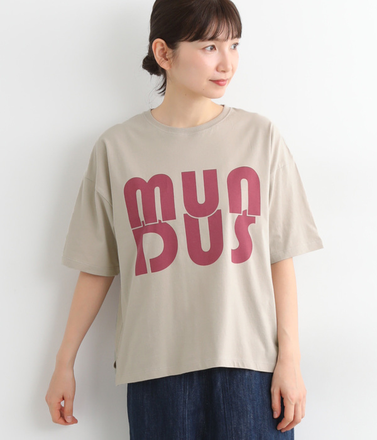 コットン天竺6分袖プリントＴシャツ　MUNDUS(グレー-ONESIZE)