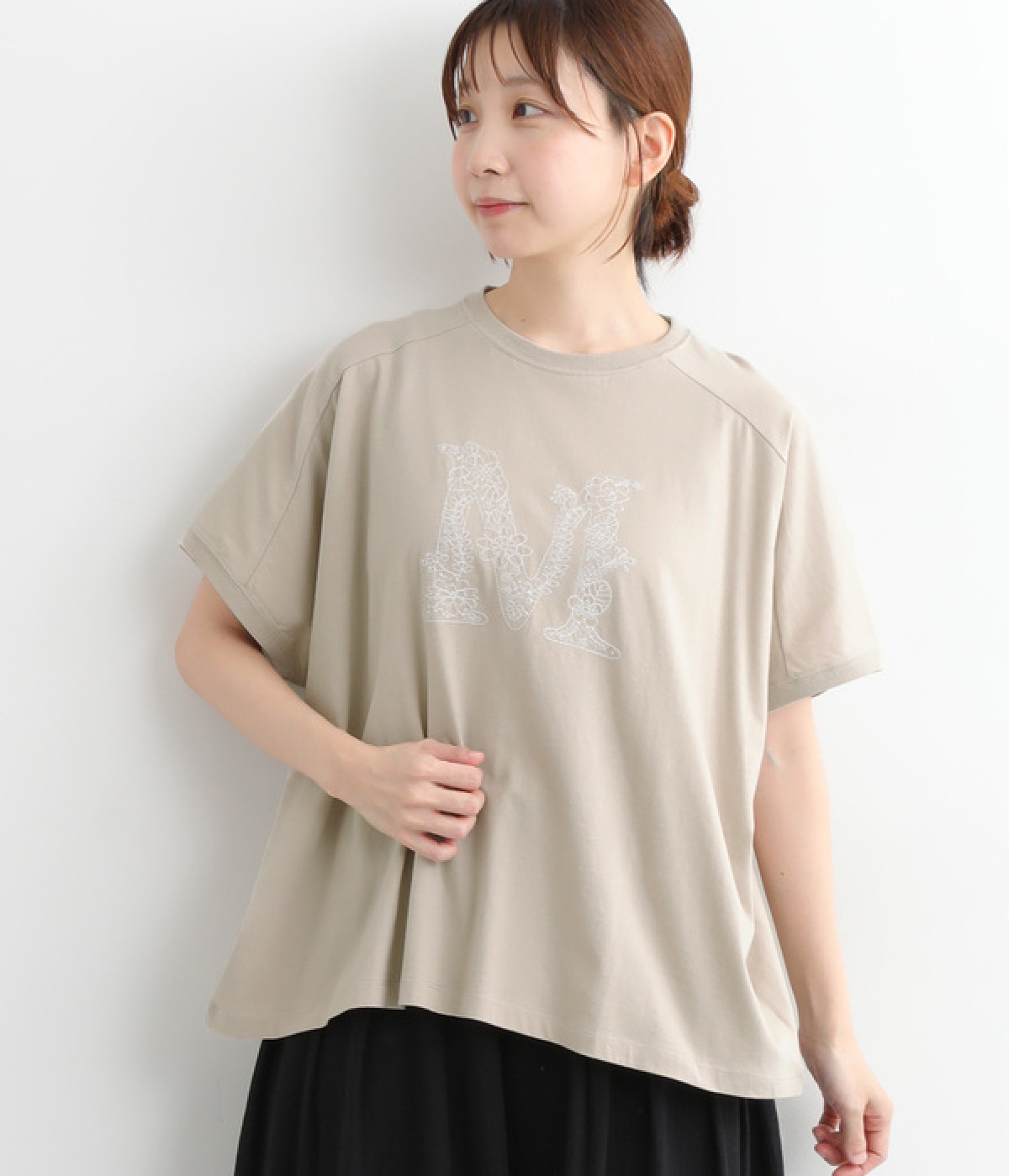 コットン天竺刺繍変形ワイドＴシャツ　M(グレー-ONESIZE)